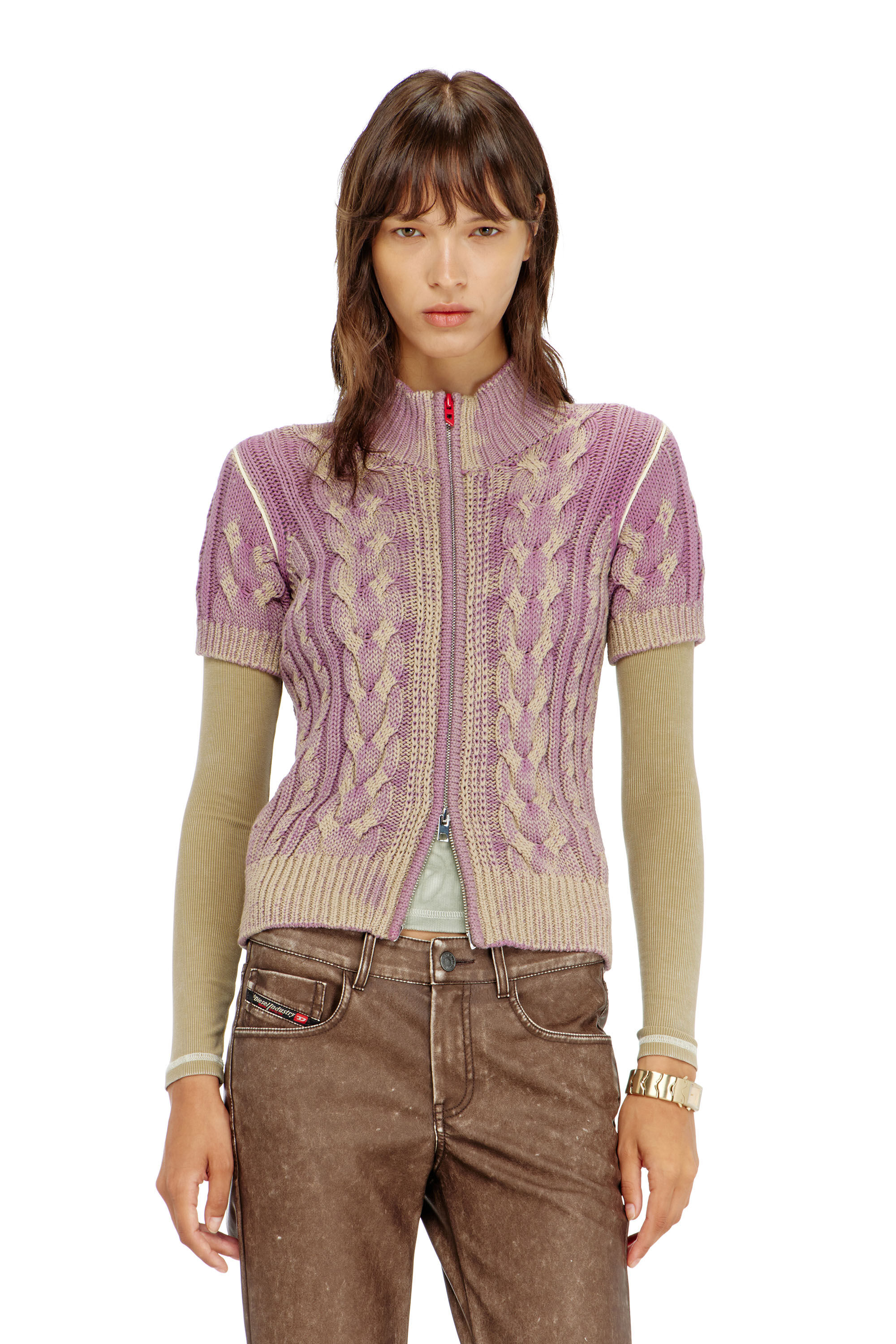 Diesel - M-ELANA, Woman's Short-sleeve zip cardigan in cable knit in Beige/Violet - 3