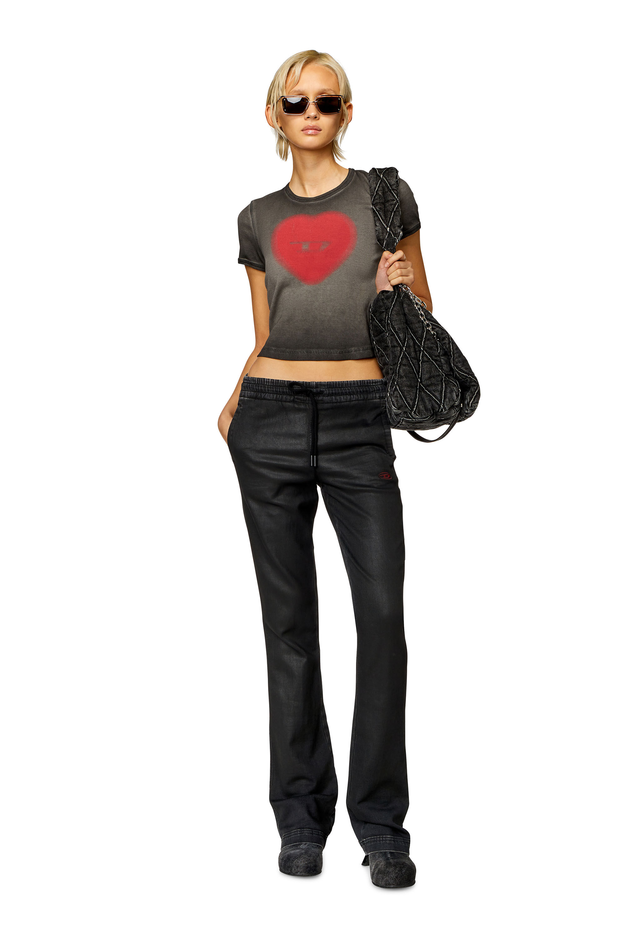 Women's Ribbed T-shirt with watercolour heart D | Black | Diesel