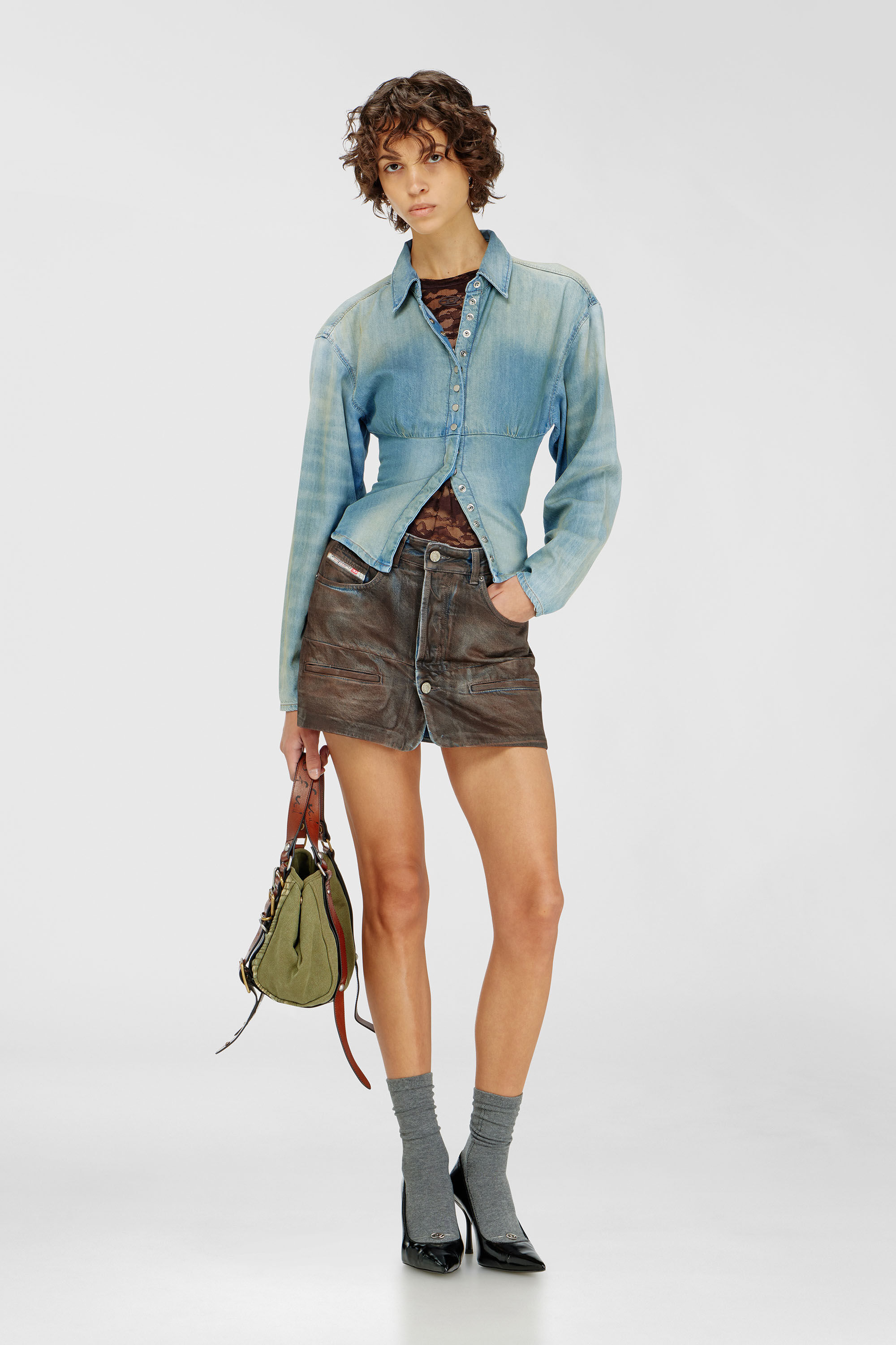 Diesel - DE-VIOLI-S1, Woman's Denim shirt with sectioned design in Light Blue - 1