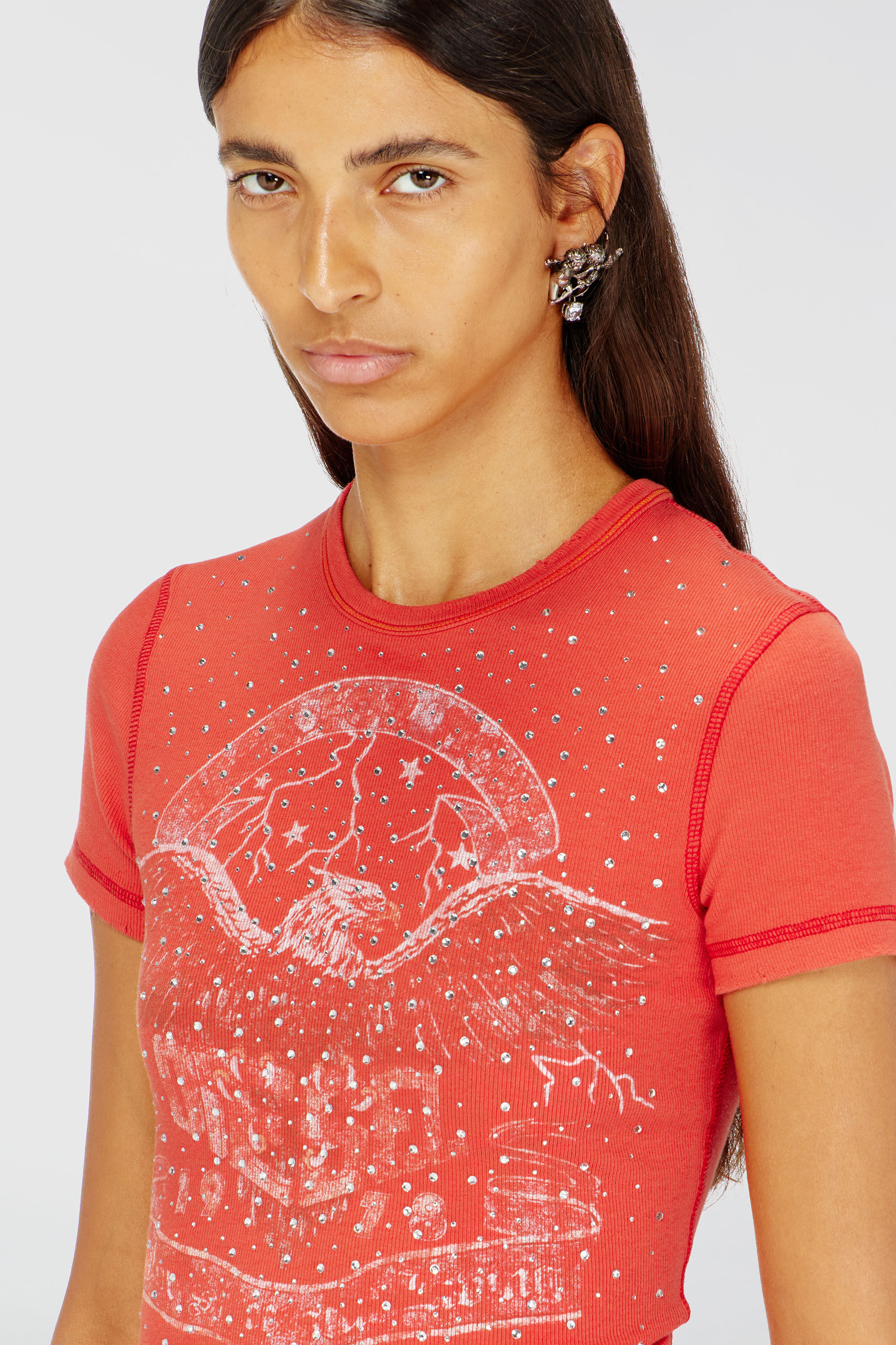 Diesel - T-MARSY-RIB-CRY, Woman's T-shirt with concert graphics and crystals in Red - 5
