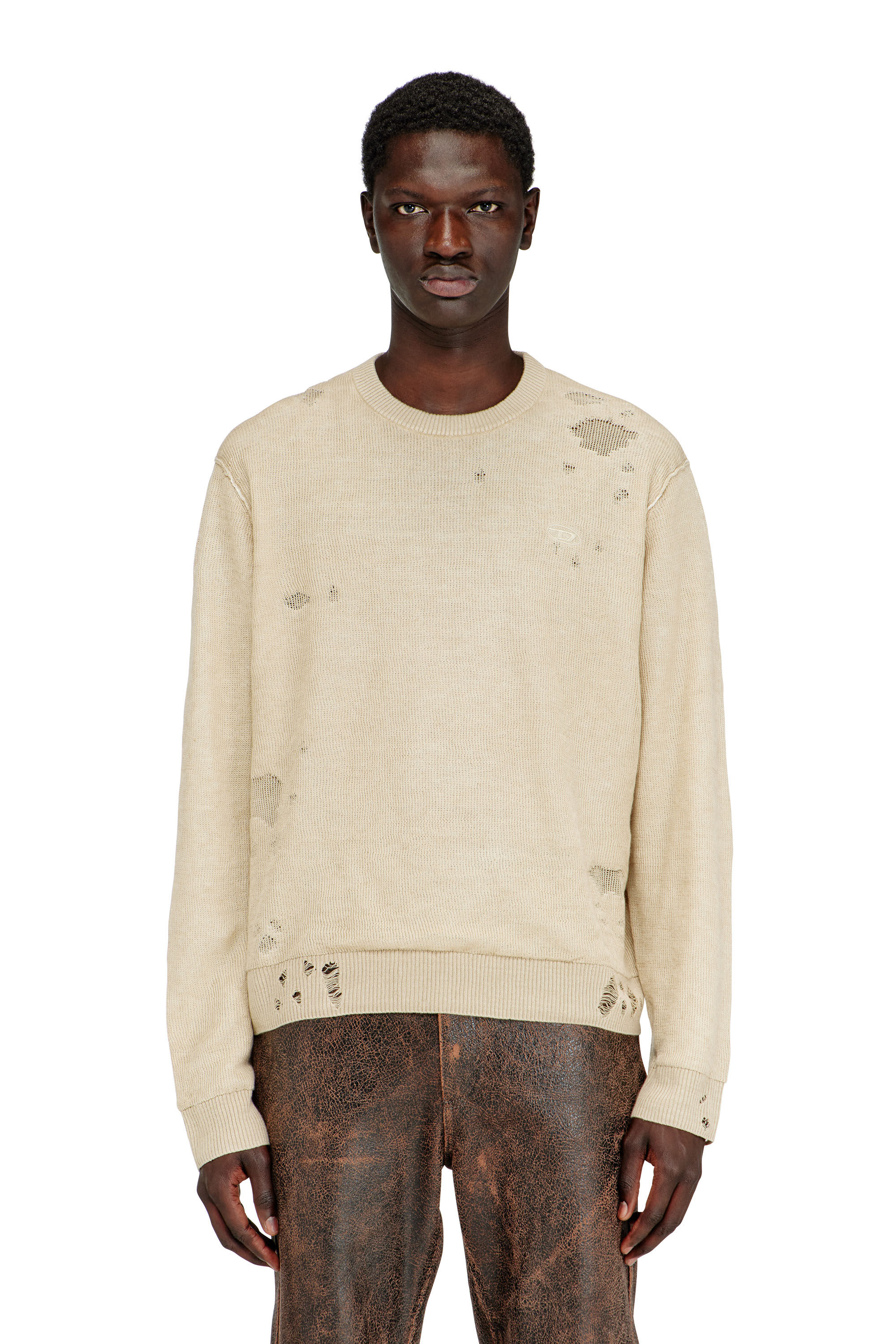 Diesel - K-DAIANAS, Man's Destroyed linen jumper in Light Brown - 3