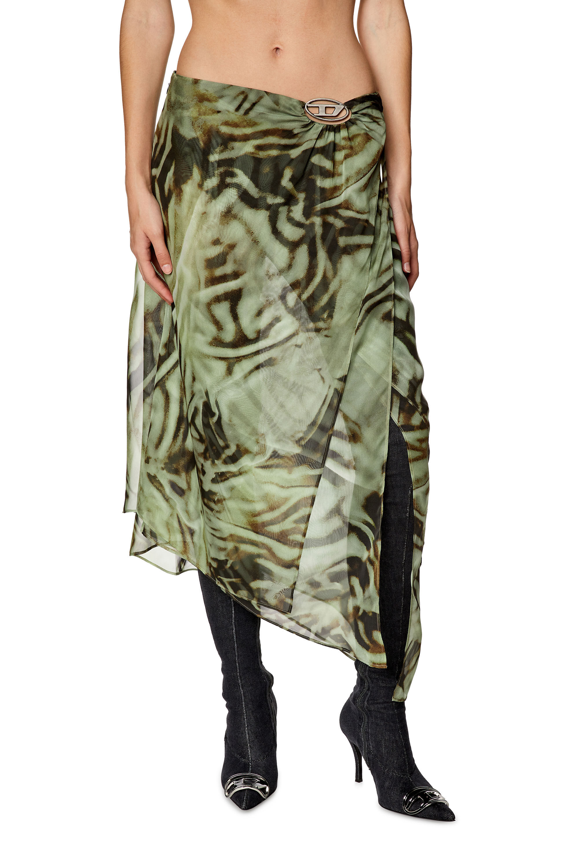 Diesel - O-STENT, Woman Asymmetric midi skirt in camo chiffon in Green - Image 3