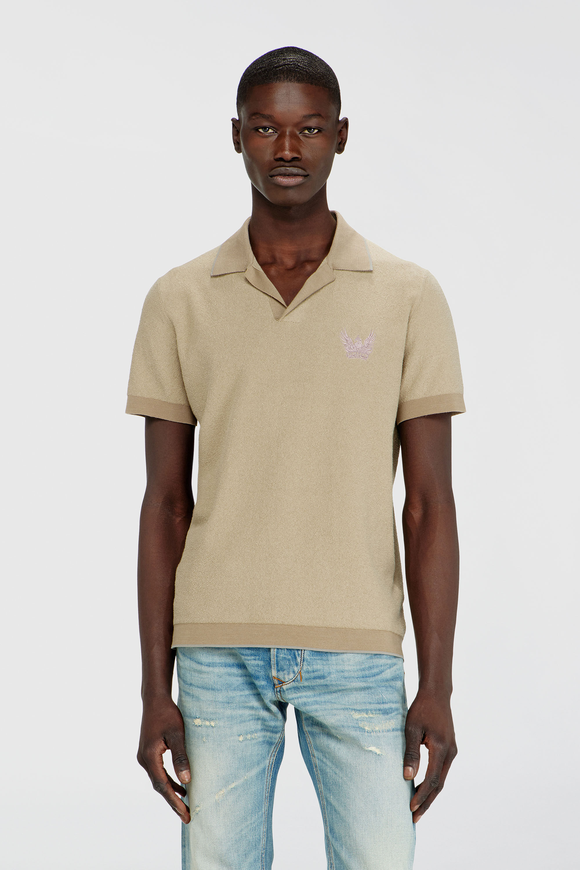 Diesel - K-RAILES, Man's Boucl&eacute;-knit polo shirt with Phoenix logo in Beige - 3