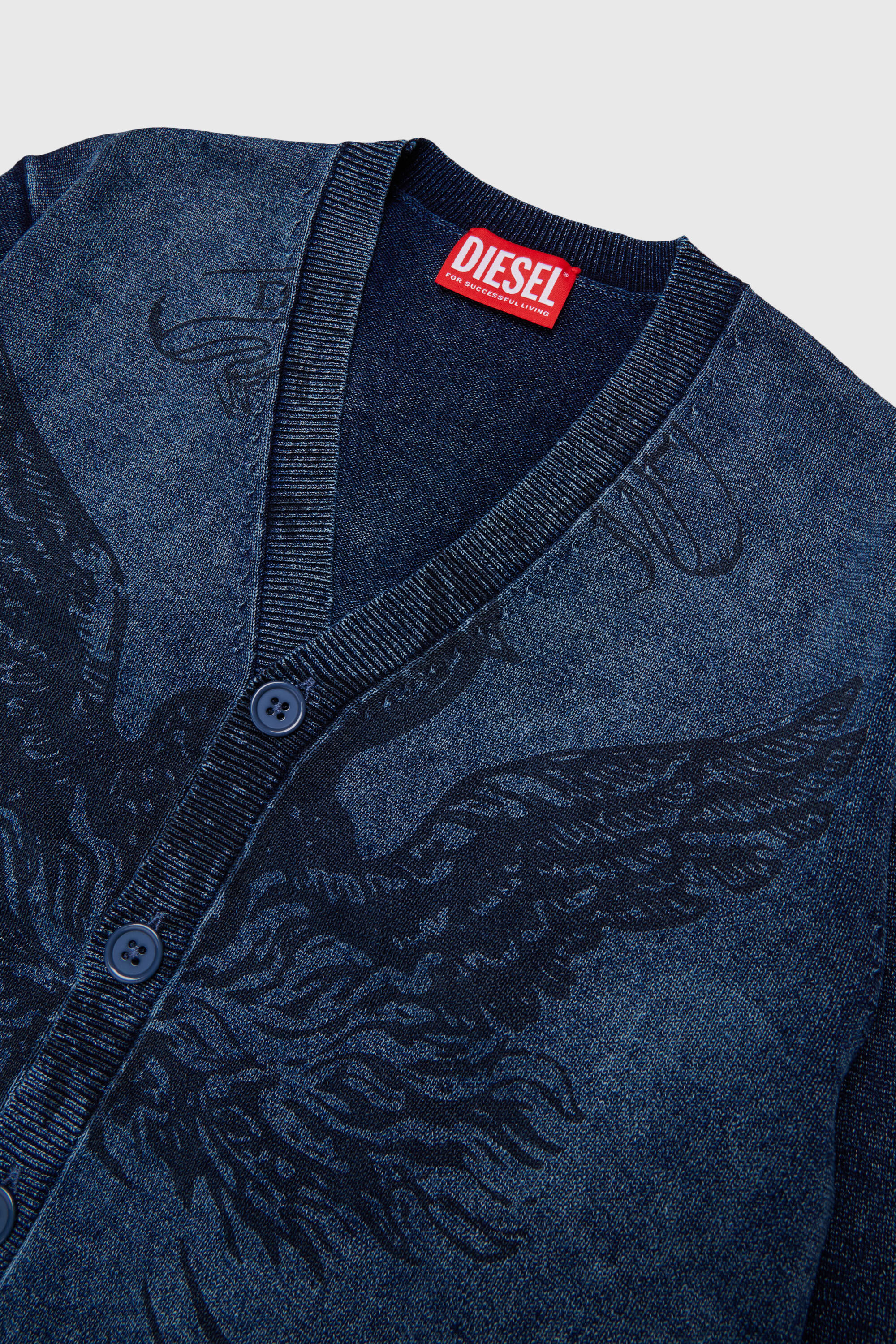 Diesel - KFINNIC CARDIGAN OVER, Man's Denim-effect cardigan with phoenix motif in Dark Blue - 3