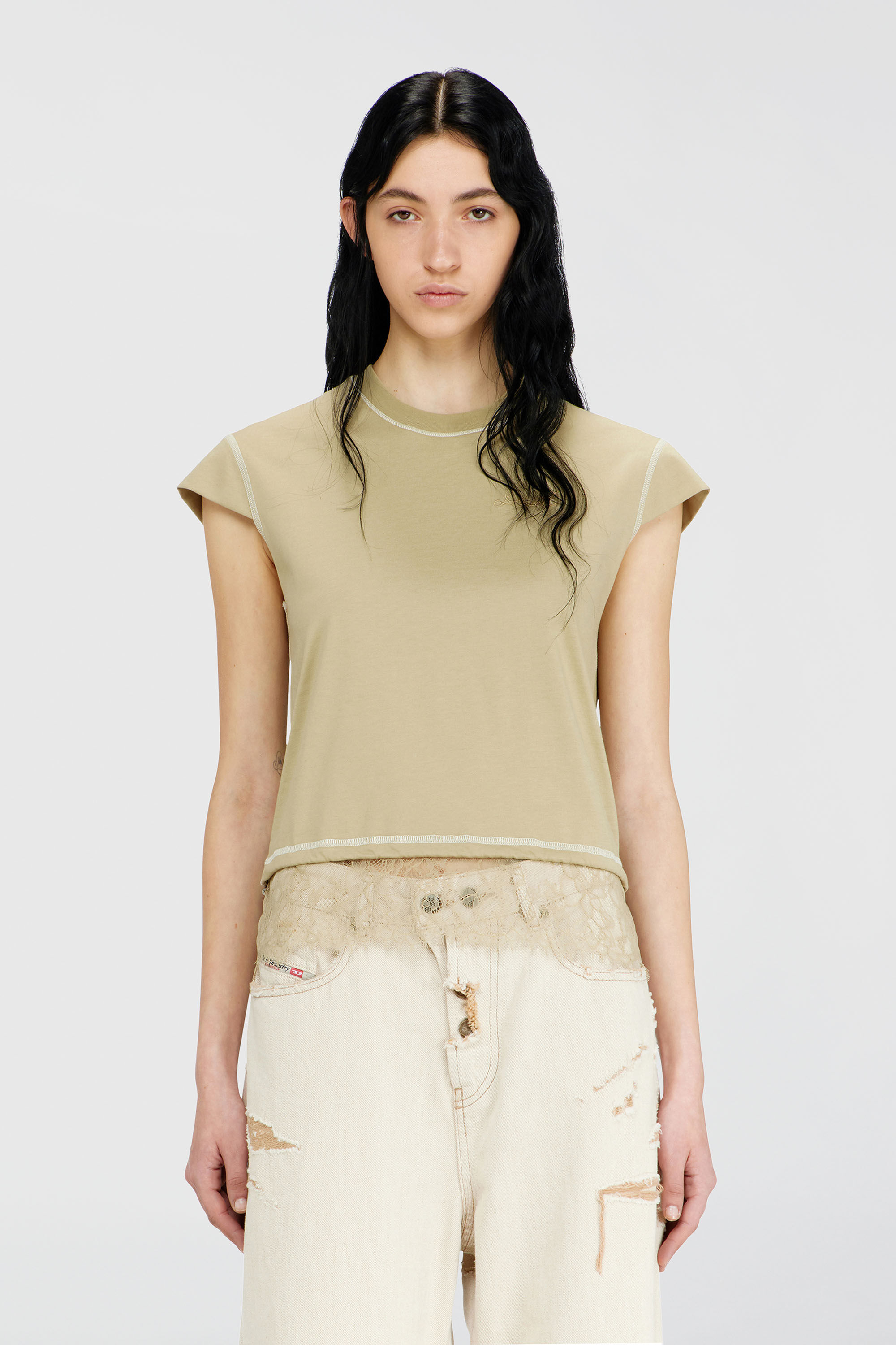 Diesel - T-LUNA, Woman's Jersey t-shirt with lace hem in Beige - 3
