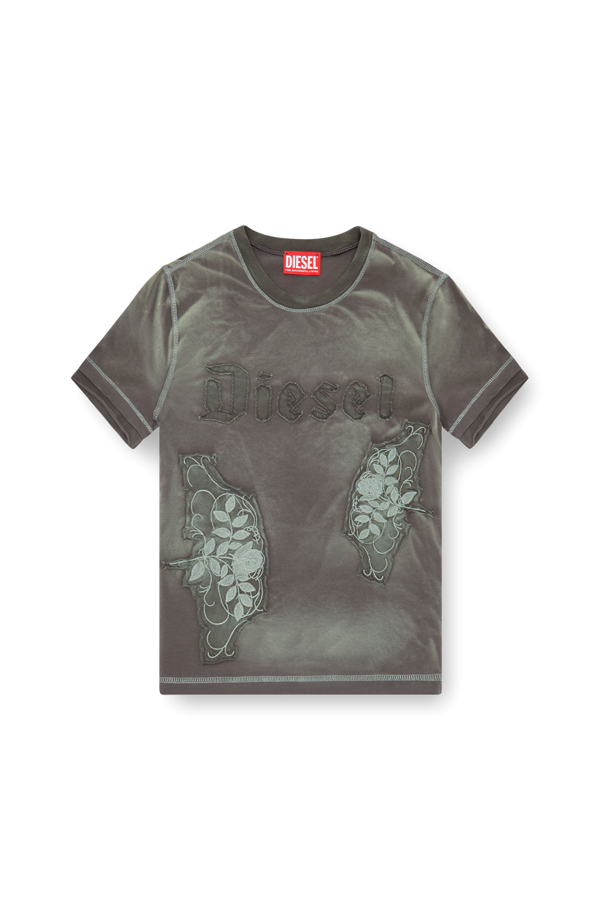 Diesel - T-UNCUT, Woman T-shirt with embroidered floral patches in Green - Image 2
