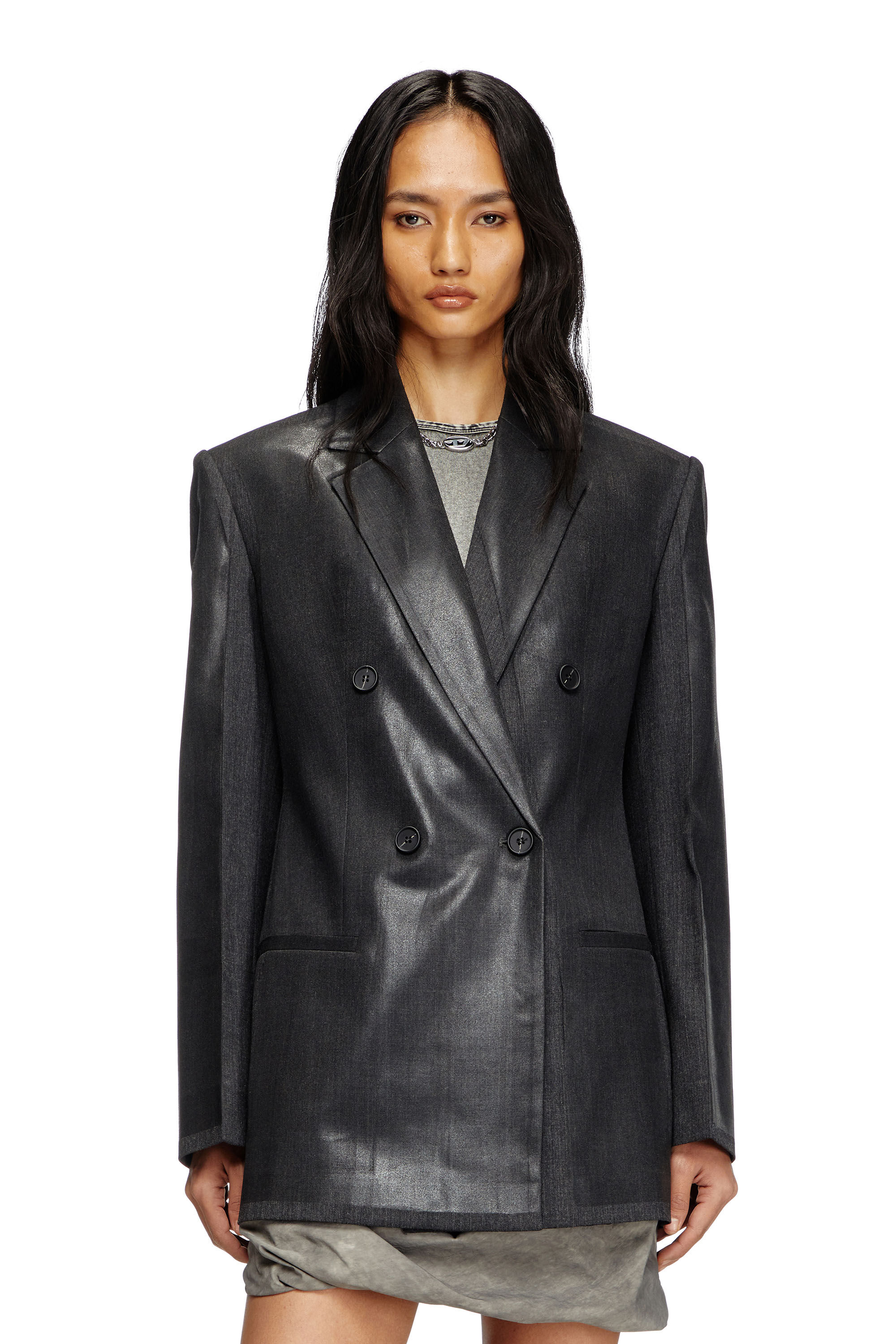 Diesel - G-ALLANT, Woman's Double-breasted blazer with coated front in Black - 3