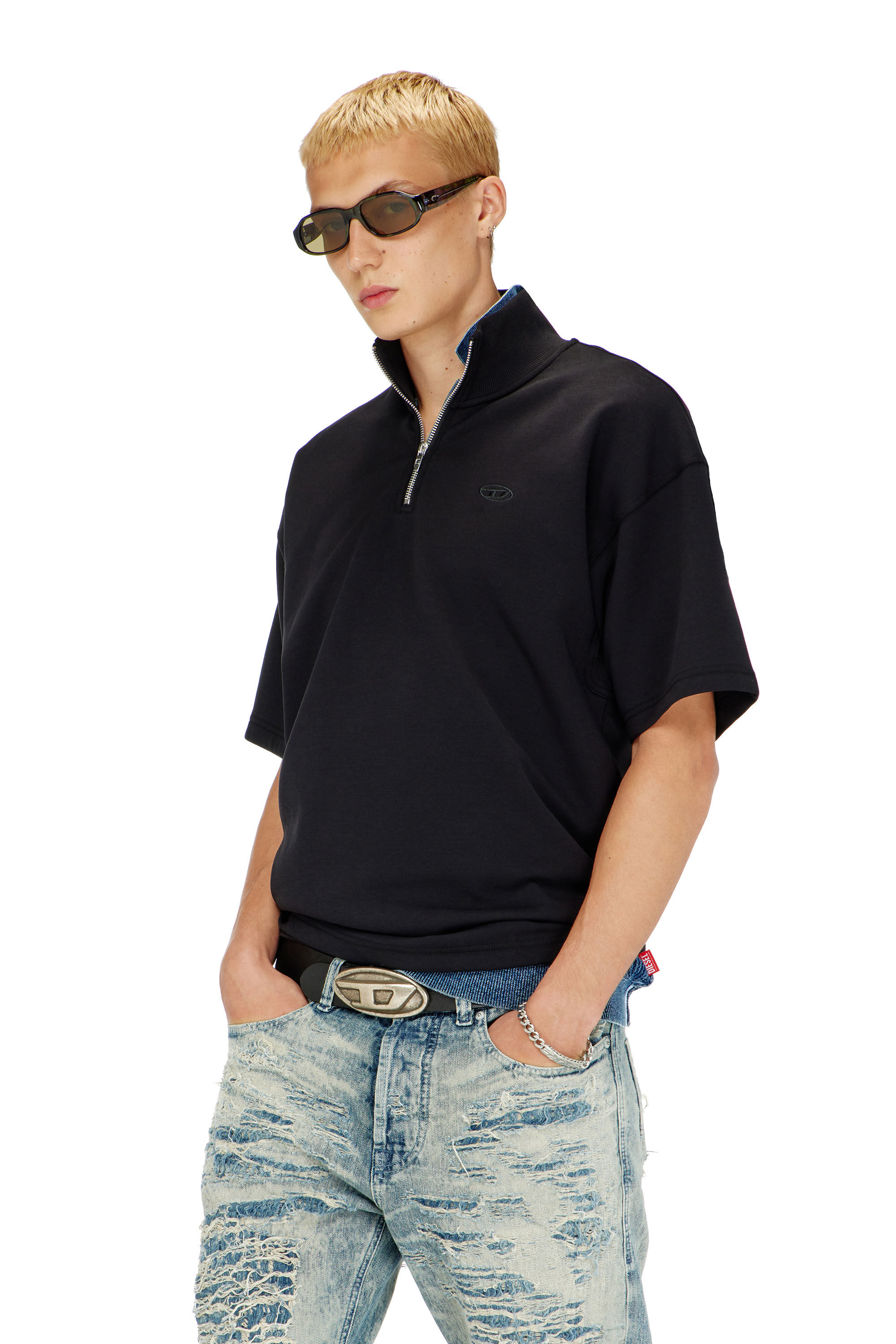 Diesel - S-CUBY, Man's Short-sleeve half-zip sweatshirt in light scuba in Black - 3