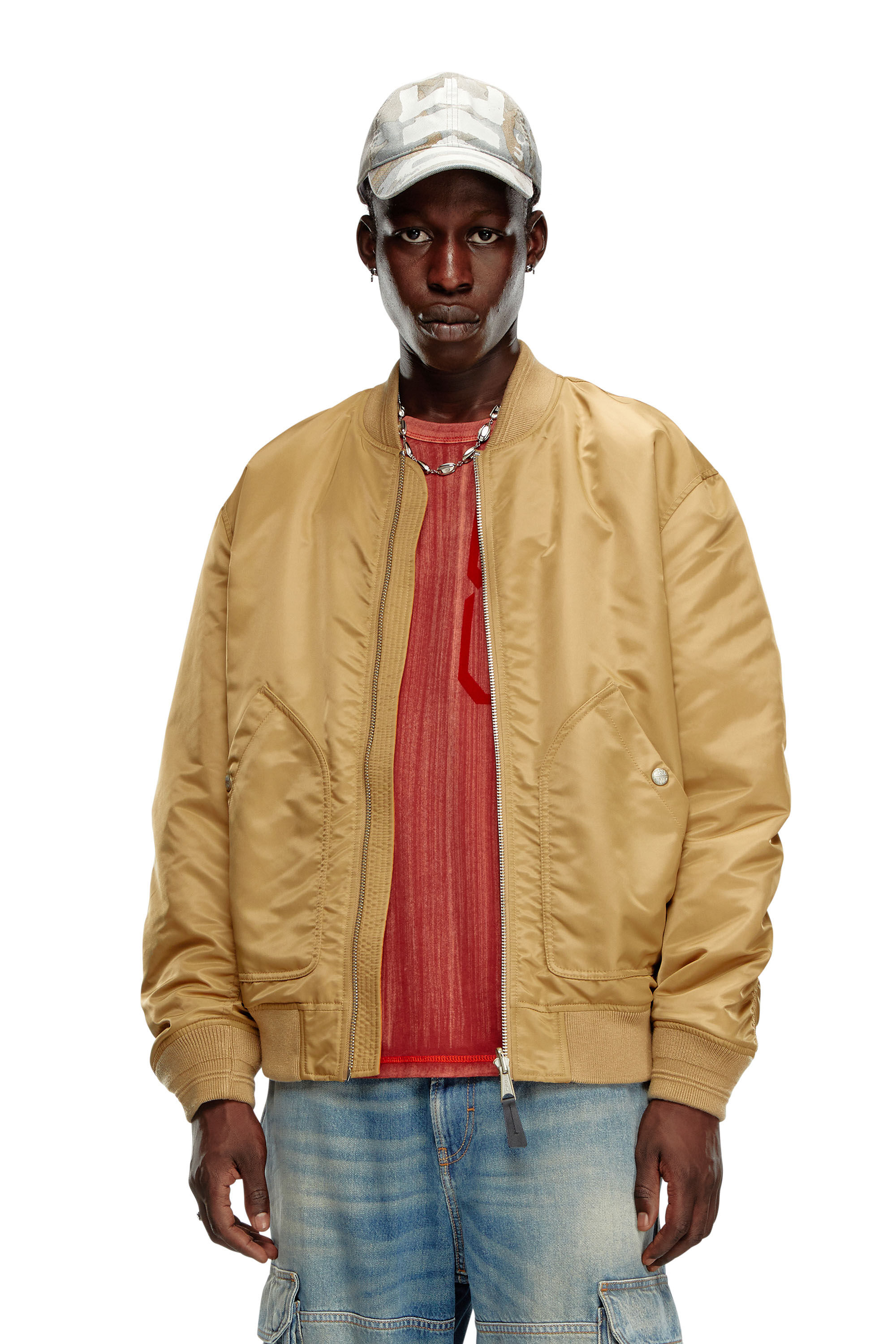 Diesel - J-HELD, Man's Bomber in padded nylon with Oval D in Light Brown - 3