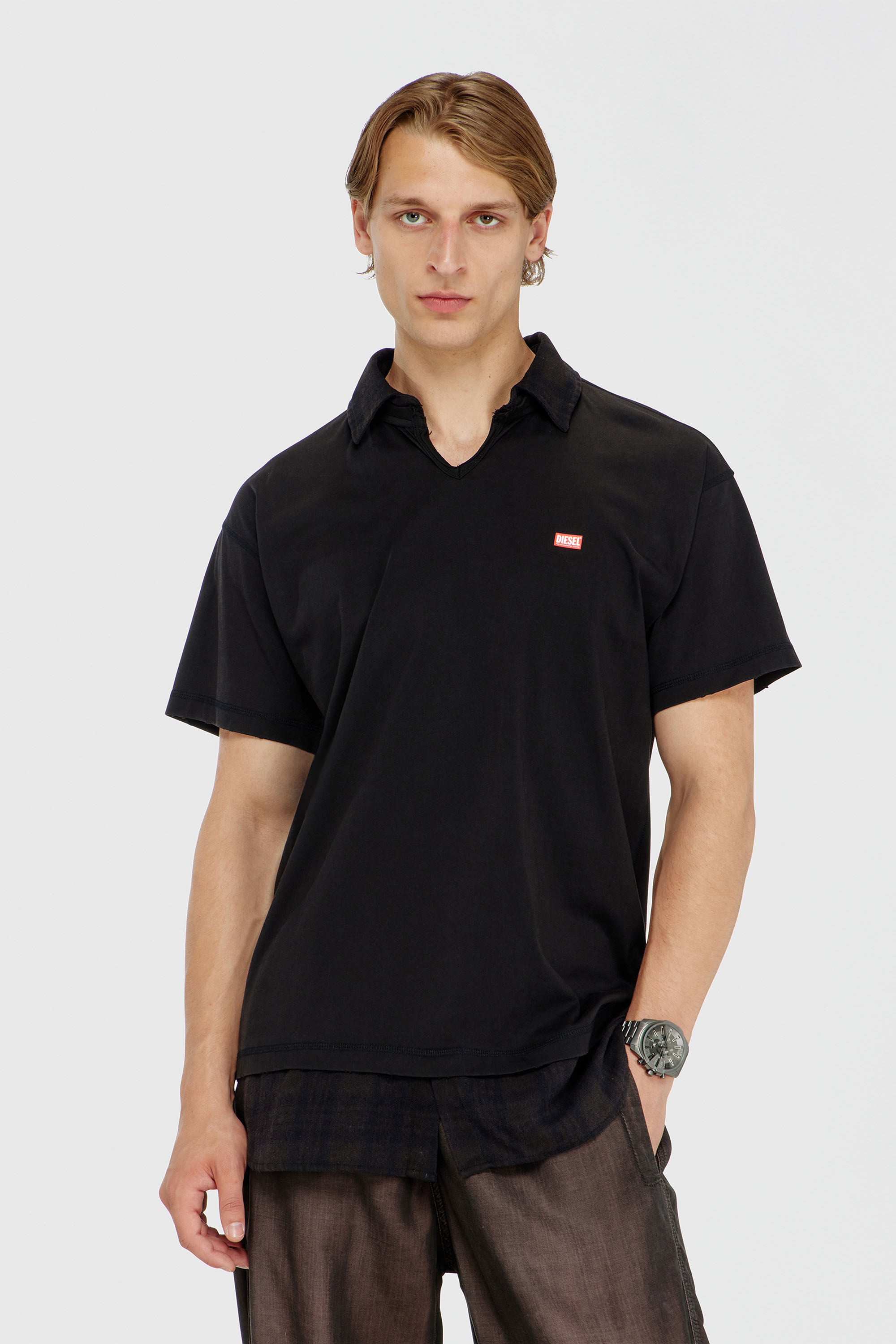 Diesel - T-ANSEL, Man's Jersey polo shirt with check flannel trims in Black - 3