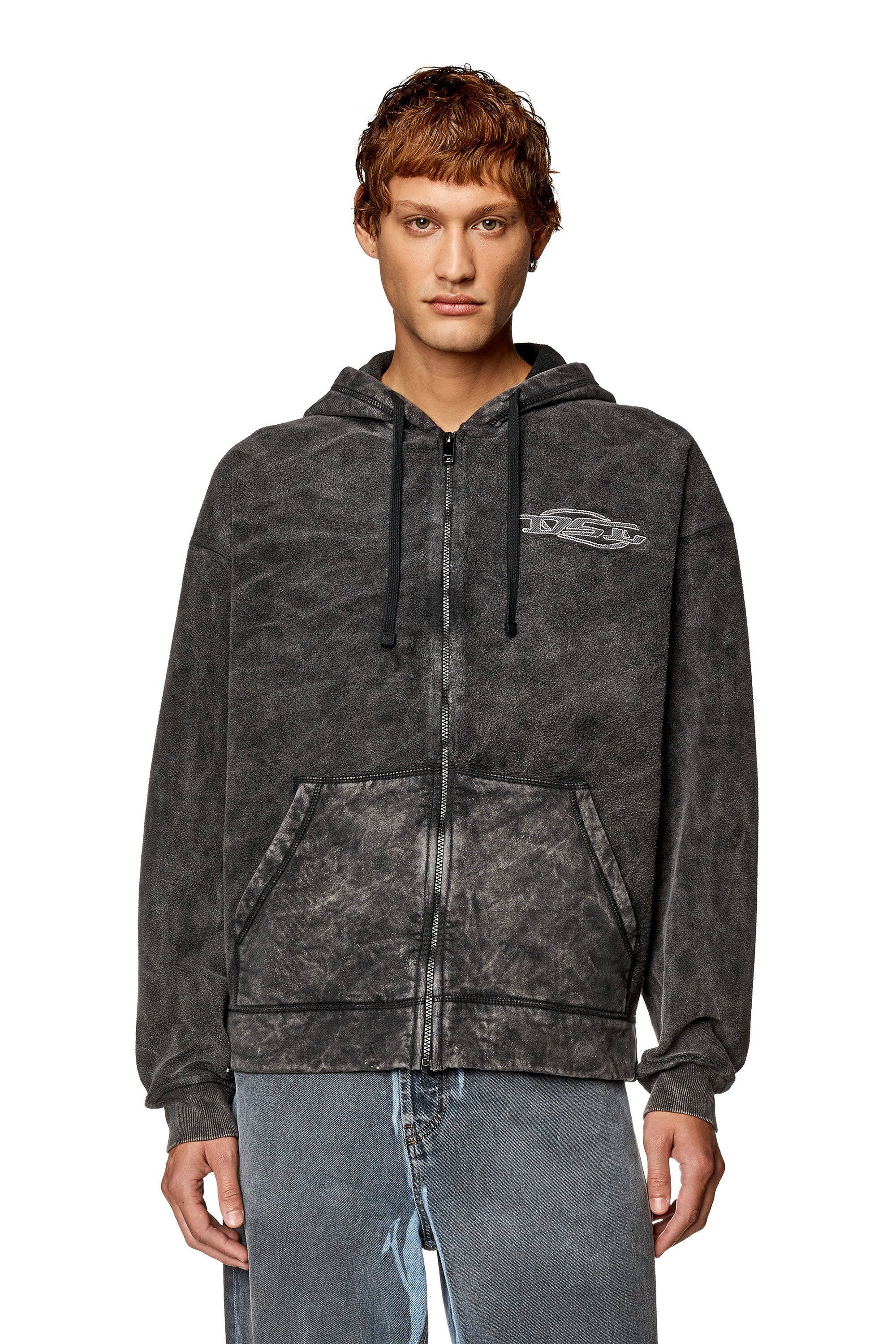 2024超人気 Zip Men's hoodie Diesel | Black | fleece looped marble-washed in 記念グッズ