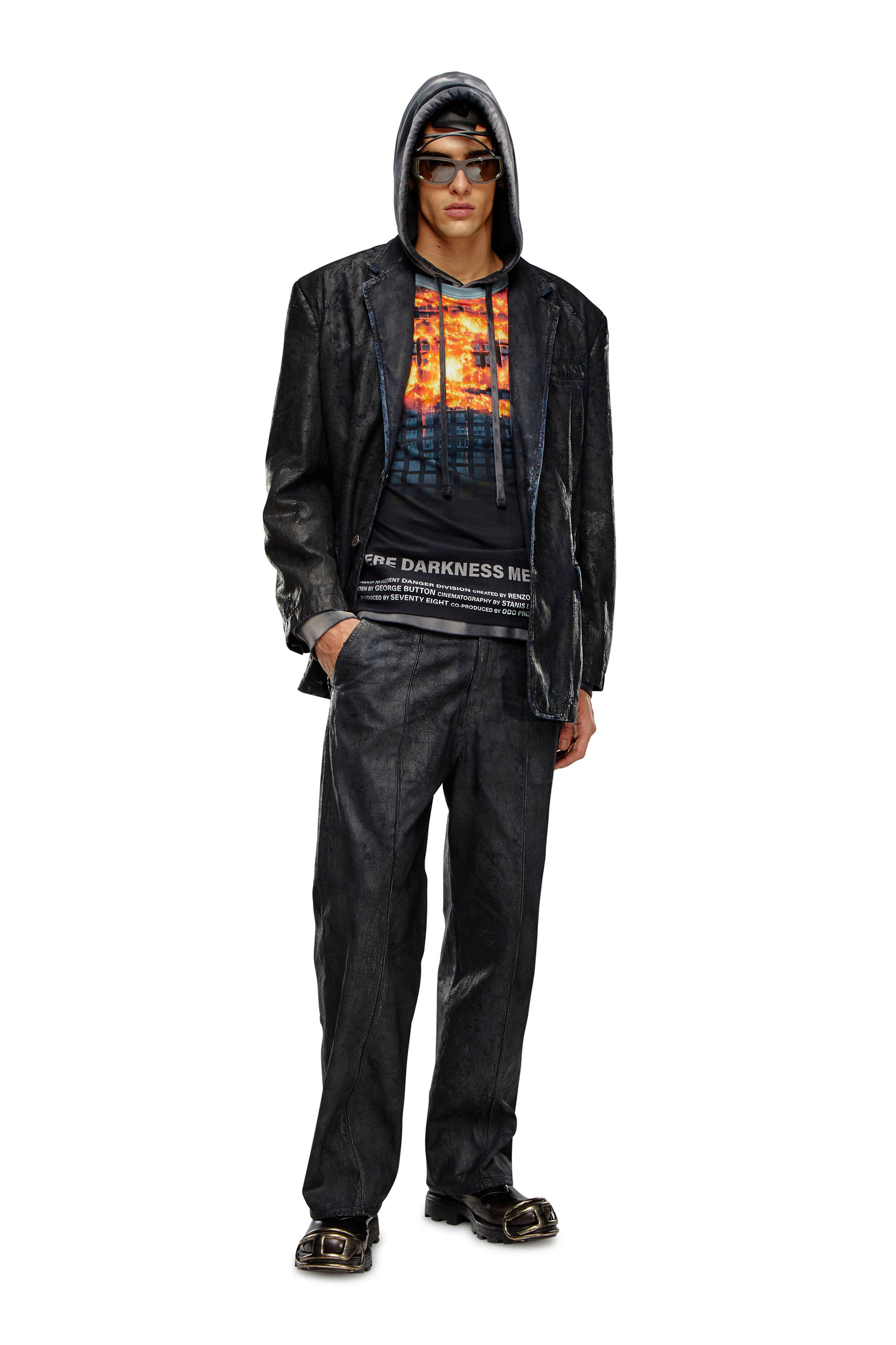 d*4様 archive diesel flare sleeve jacket Men's Denim blazer with craquelé coating | Black | Diesel
