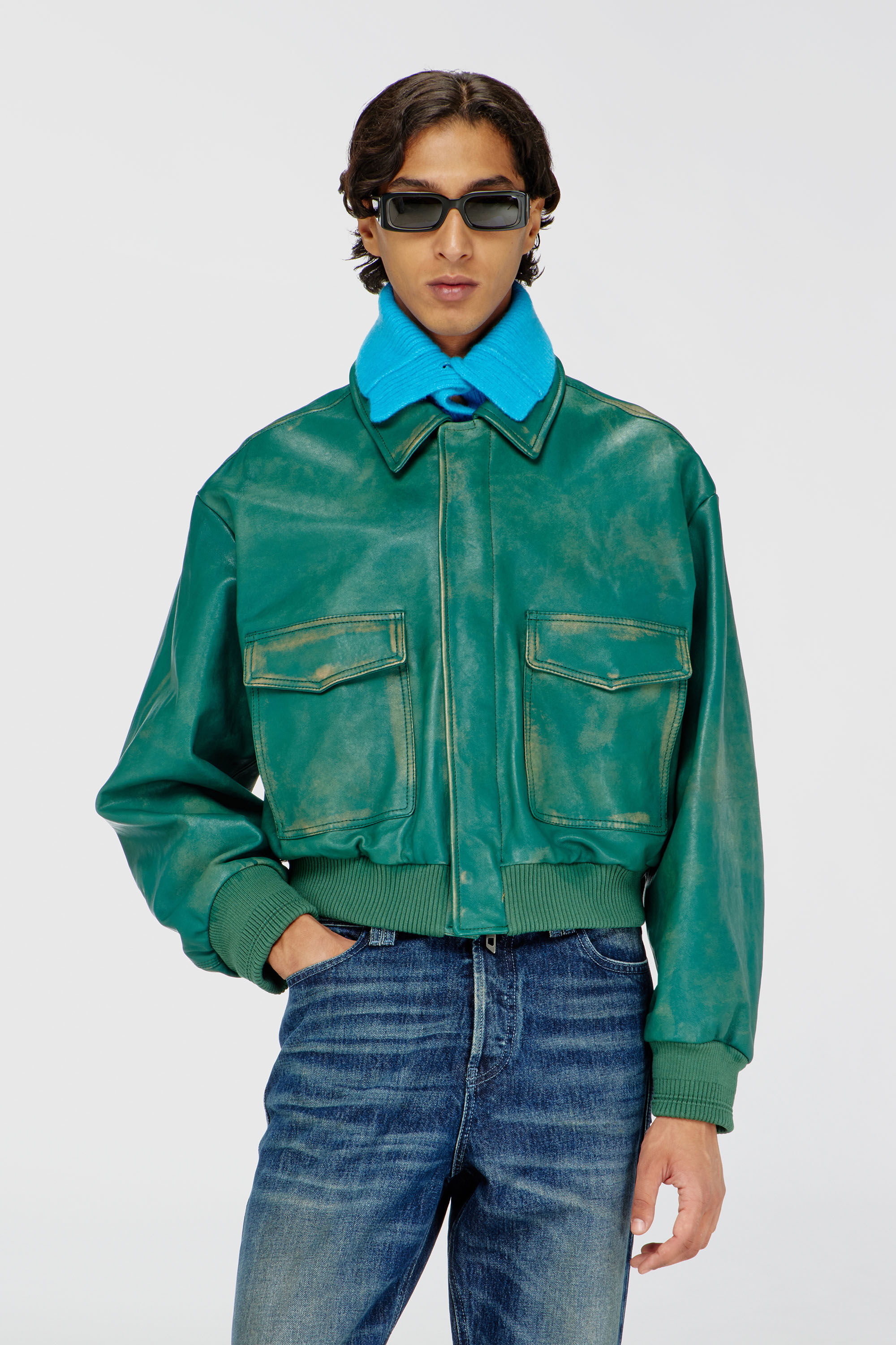 Diesel - L-UMAN, Man's Aviator jacket in treated leather in Dark Green - 3
