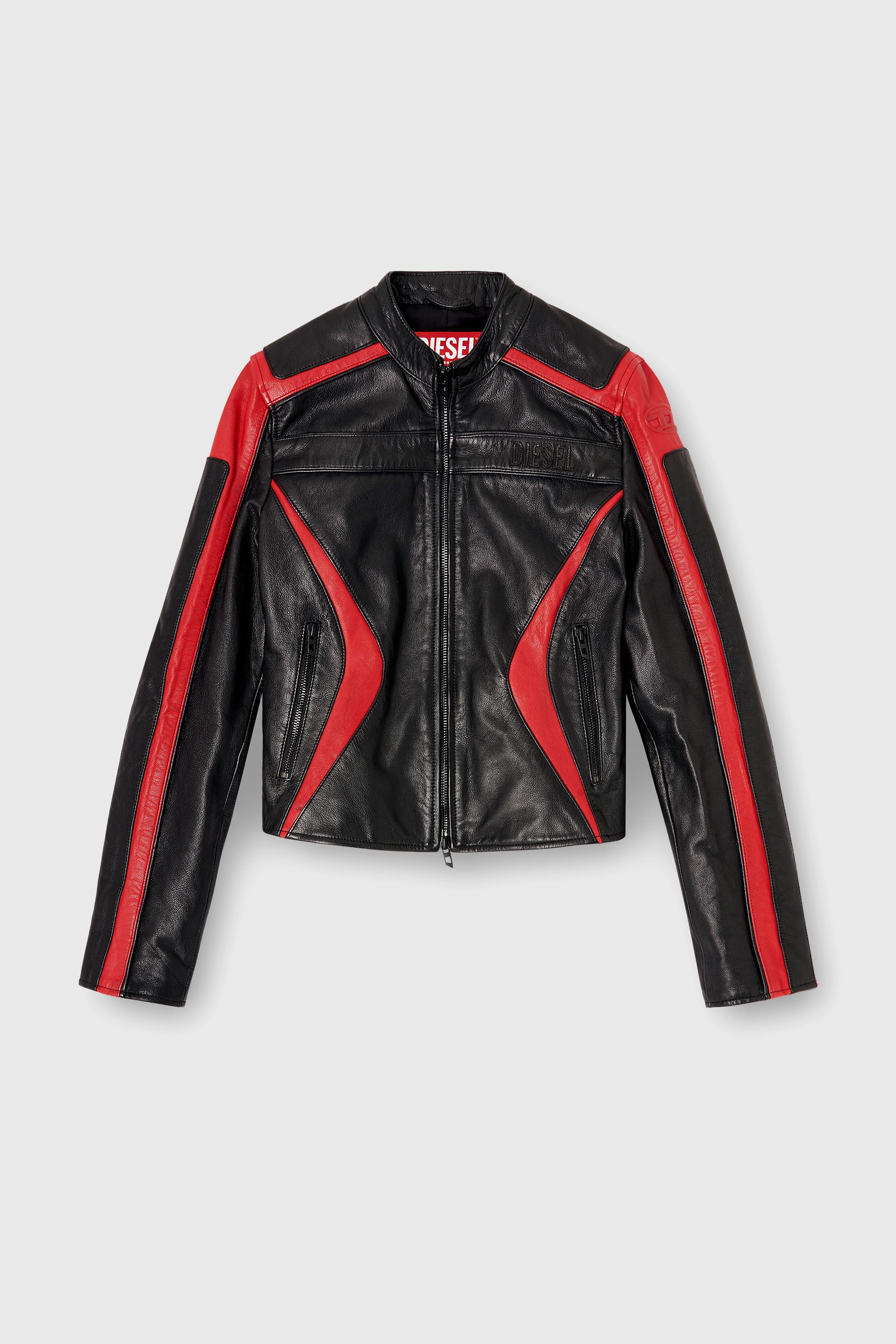 Diesel - L-OVABLE, Woman's Biker jacket in colour-block leather in Black/Red - 2