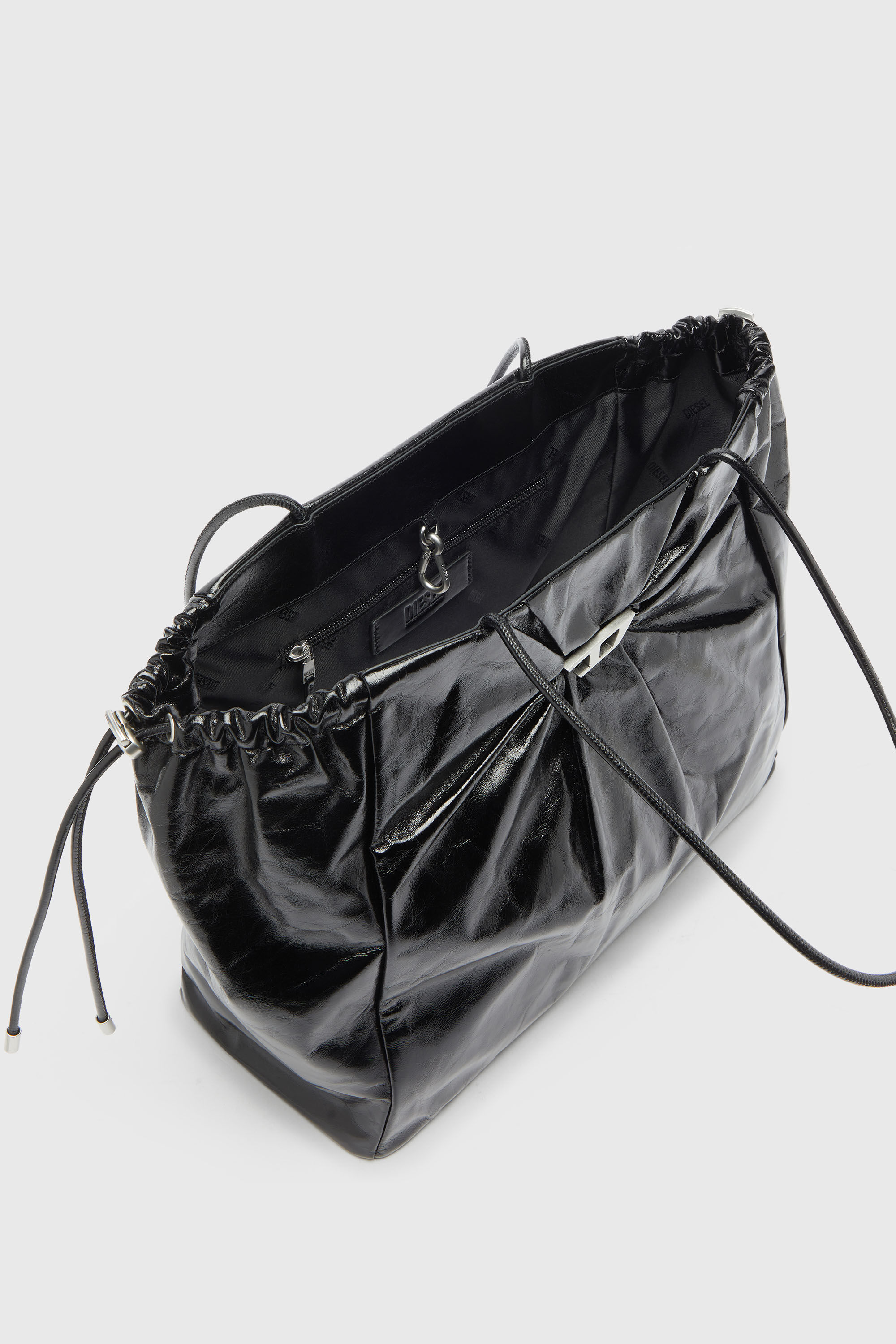 Diesel - SCRUNCH-D TOTE E/W, Woman's Scrunch-D - Tote bag in shiny wrinkled leather in Black - 3