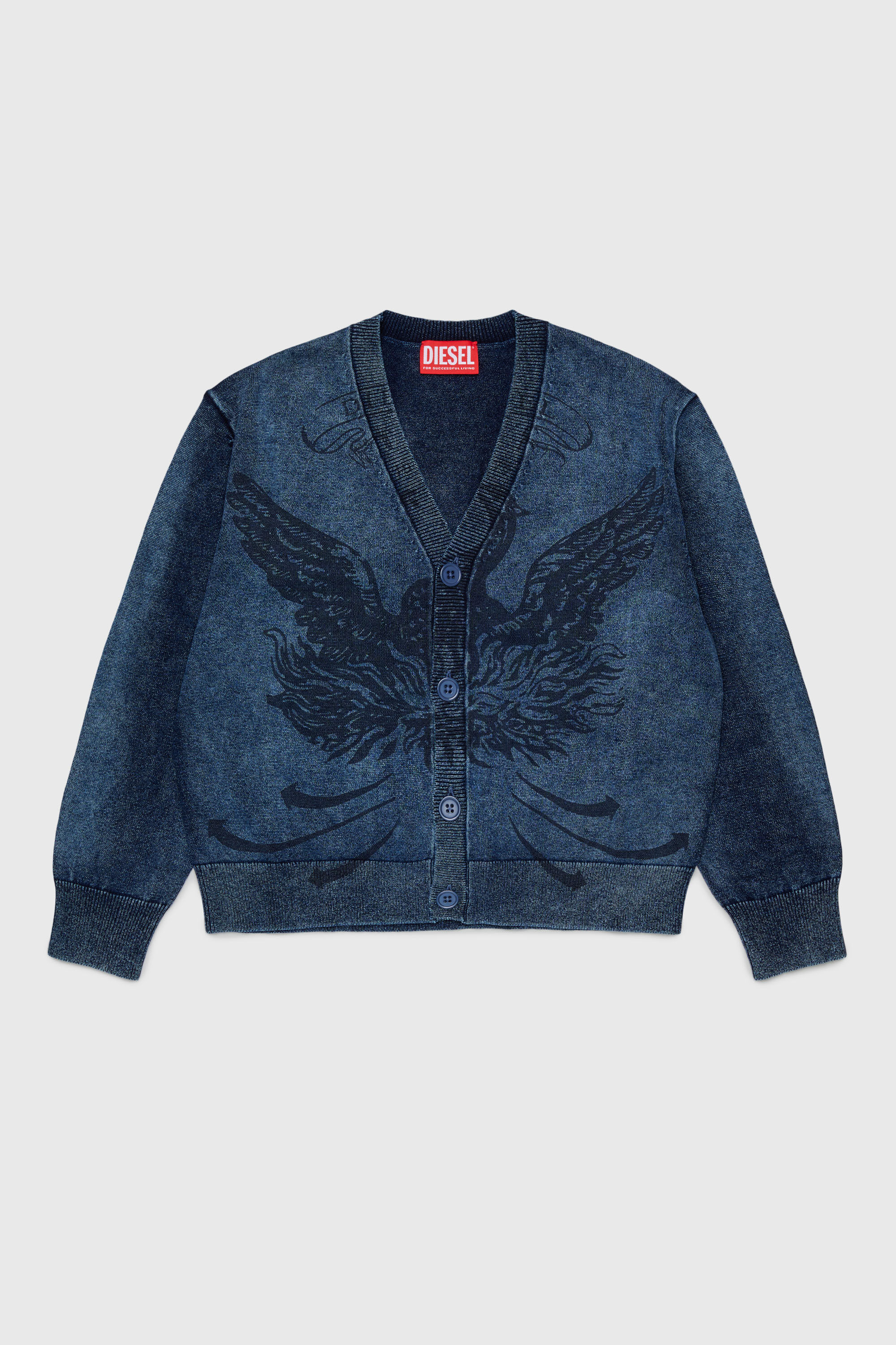 Diesel - KFINNIC CARDIGAN OVER, Man's Denim-effect cardigan with phoenix motif in Dark Blue - 1
