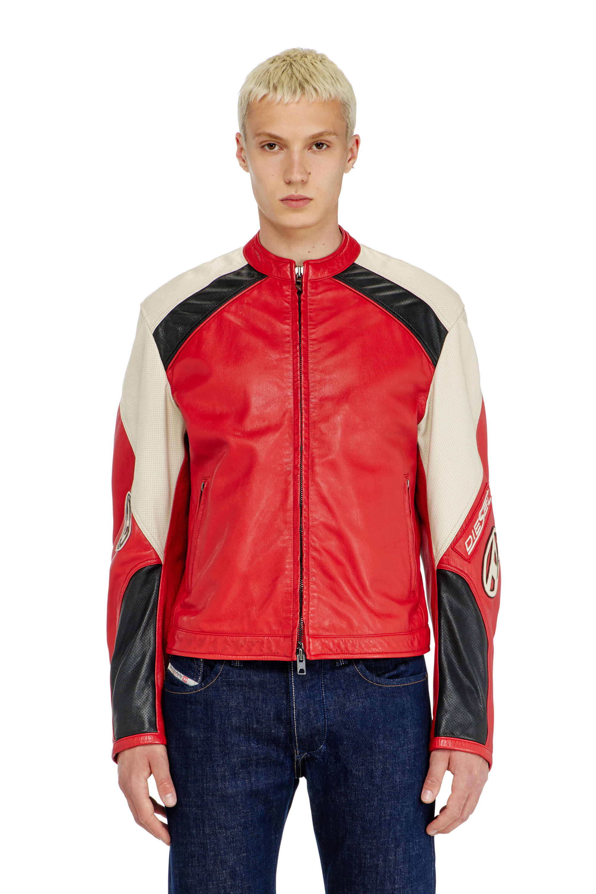 Diesel - L-AHTI, Man's Biker jacket in colour-block perforated leather in Beige/Red - 3