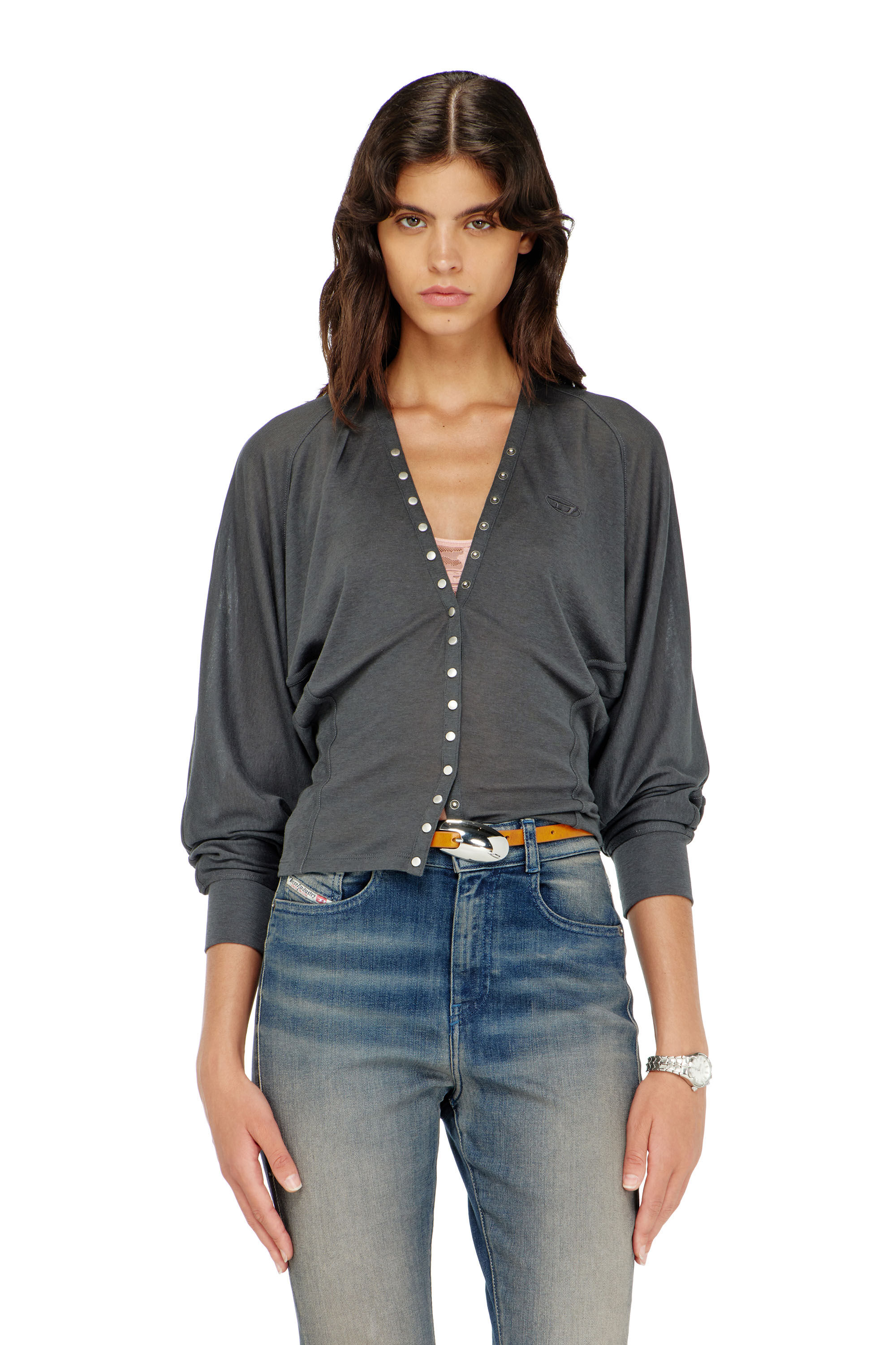 Diesel - T-ISERINA, Woman's Tencel-blend cardigan top with batwing sleeves in Grey - 3