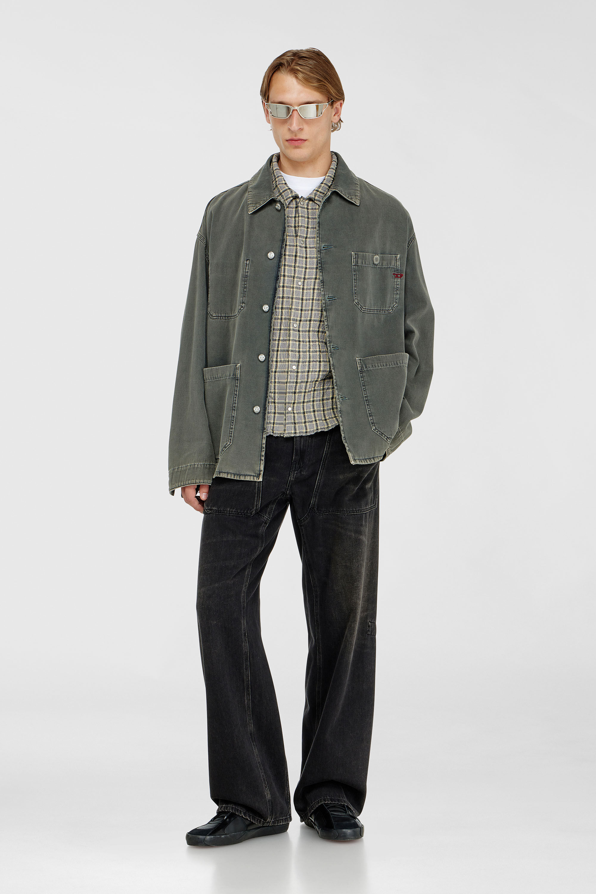 Diesel - S-SEERK, Man's Check shirt with seersucker effect in Green/Grey - 1