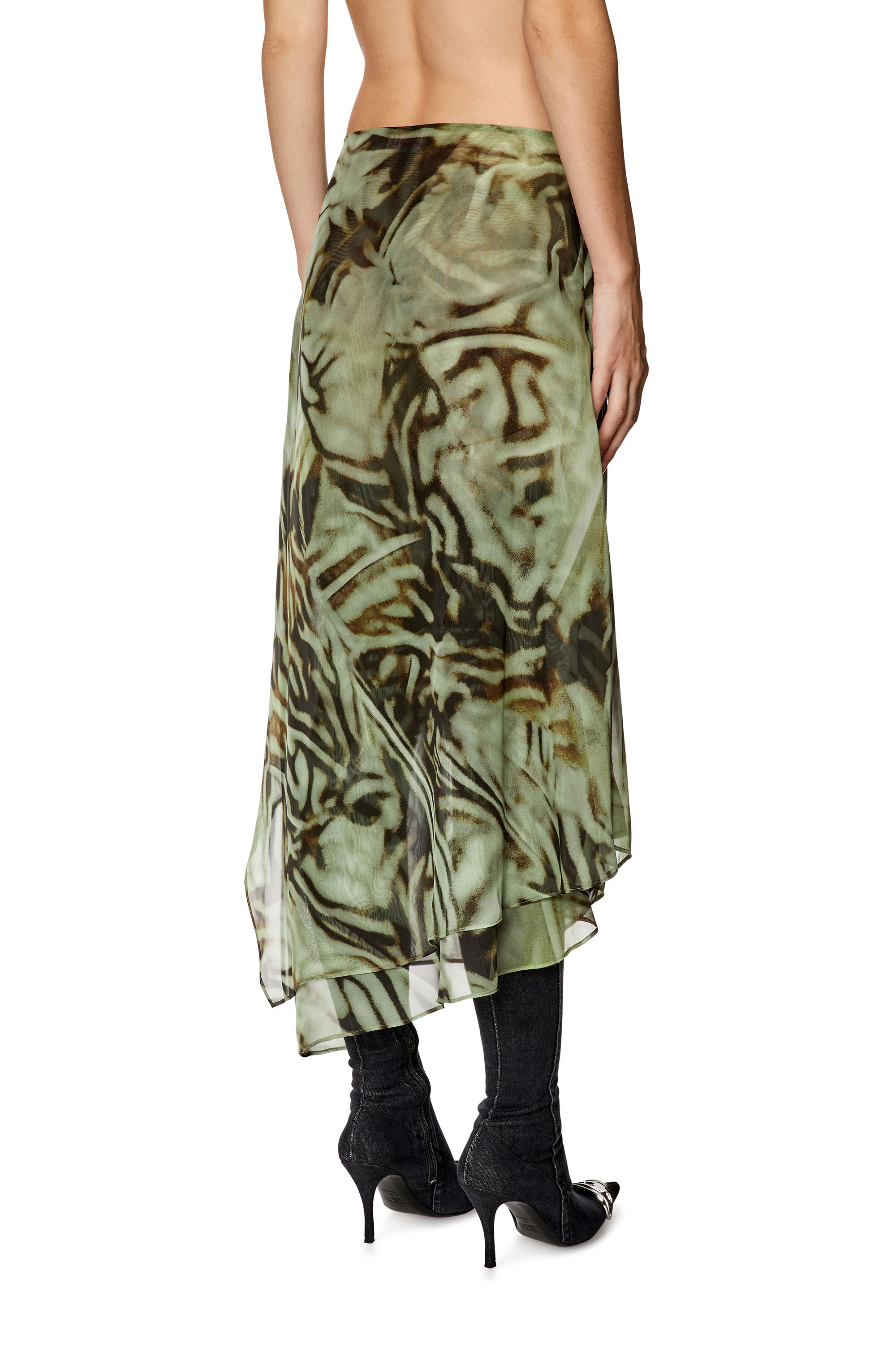 Diesel - O-STENT, Woman Asymmetric midi skirt in camo chiffon in Green - Image 4