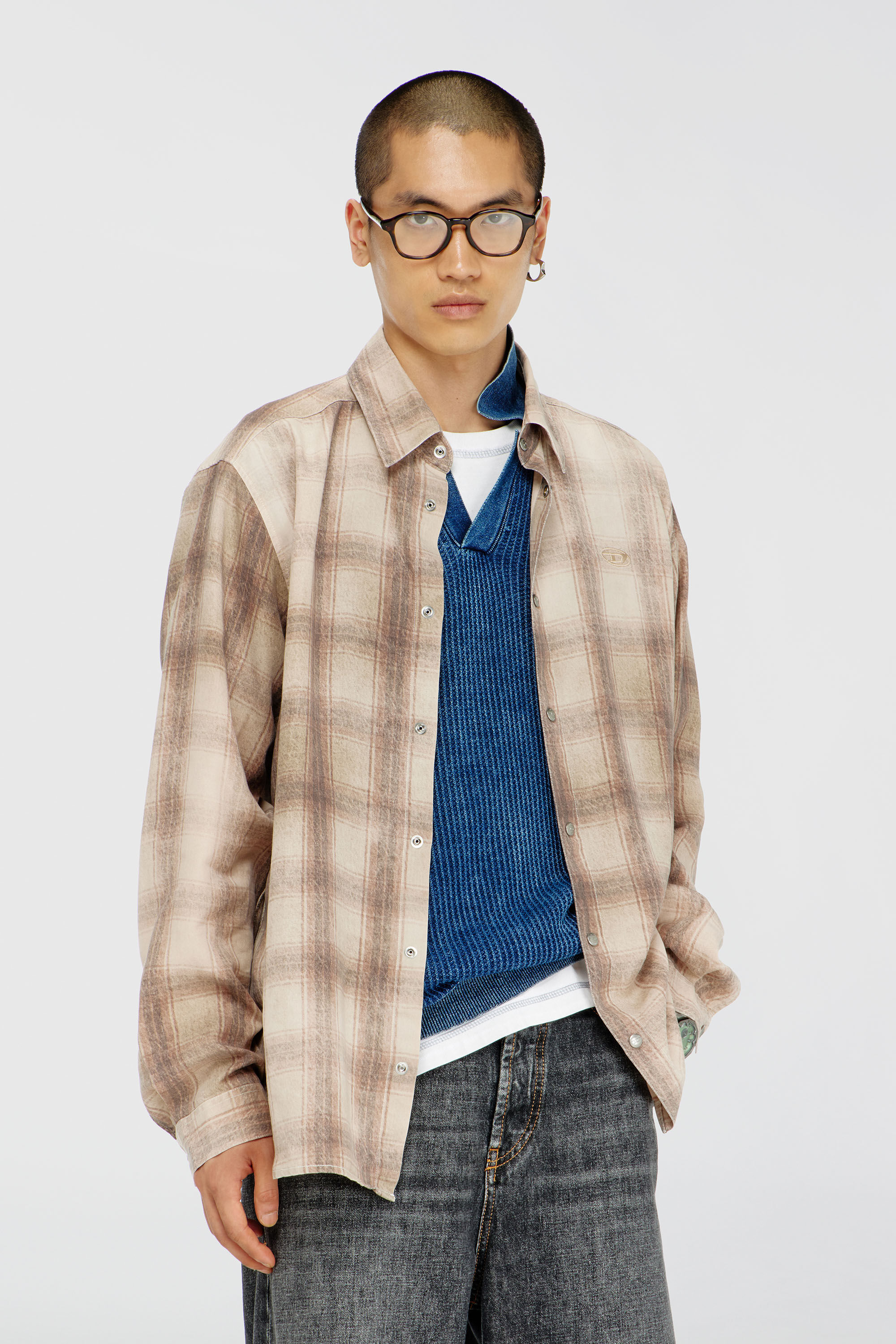 Diesel - S-SIMPLY-JMCM, Man's Check shirt in fluid fabric in Light Brown - 3