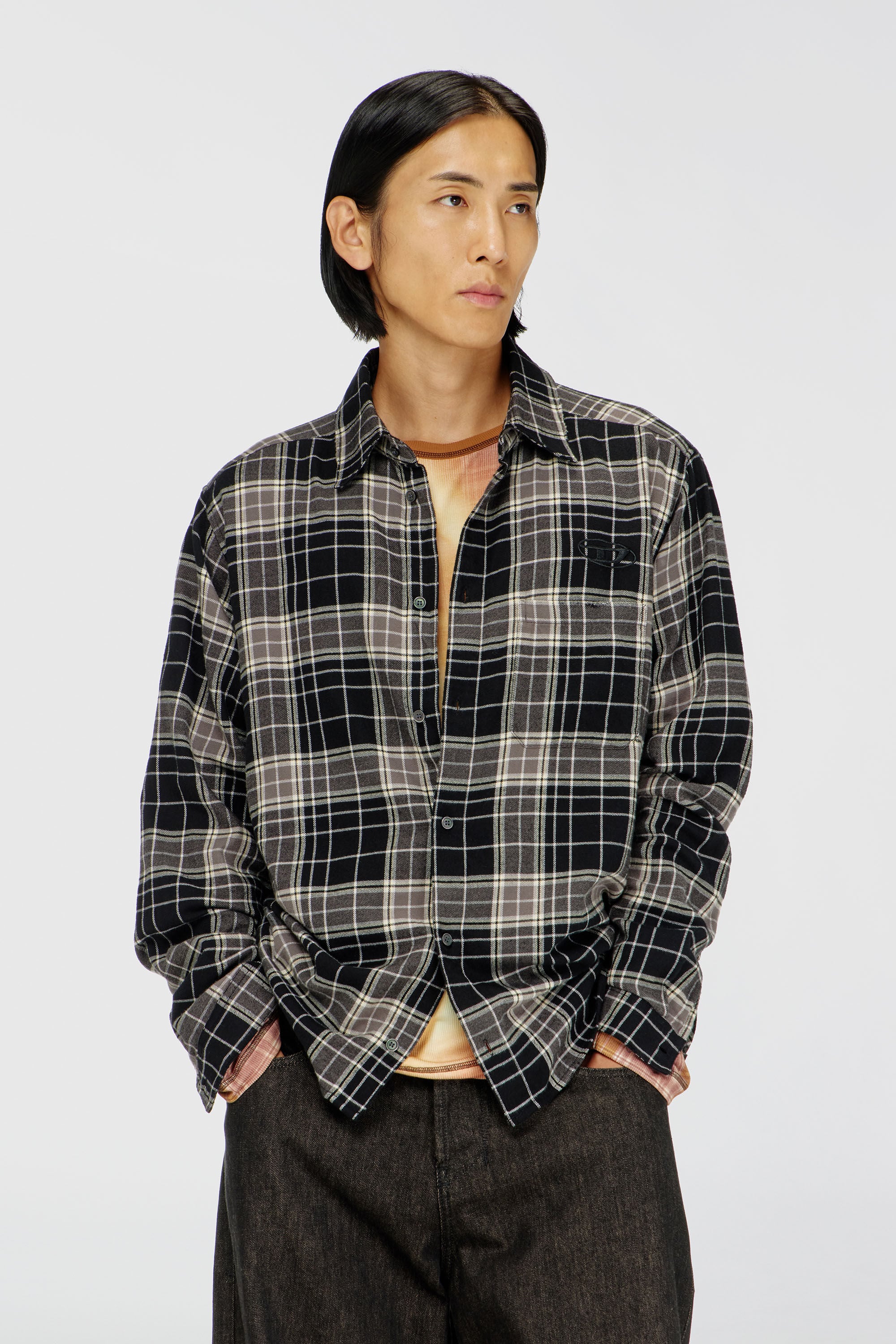 Diesel - S-SIMPLY-HNBI, Man's Distressed shirt in check flannel in Beige/Black - 3