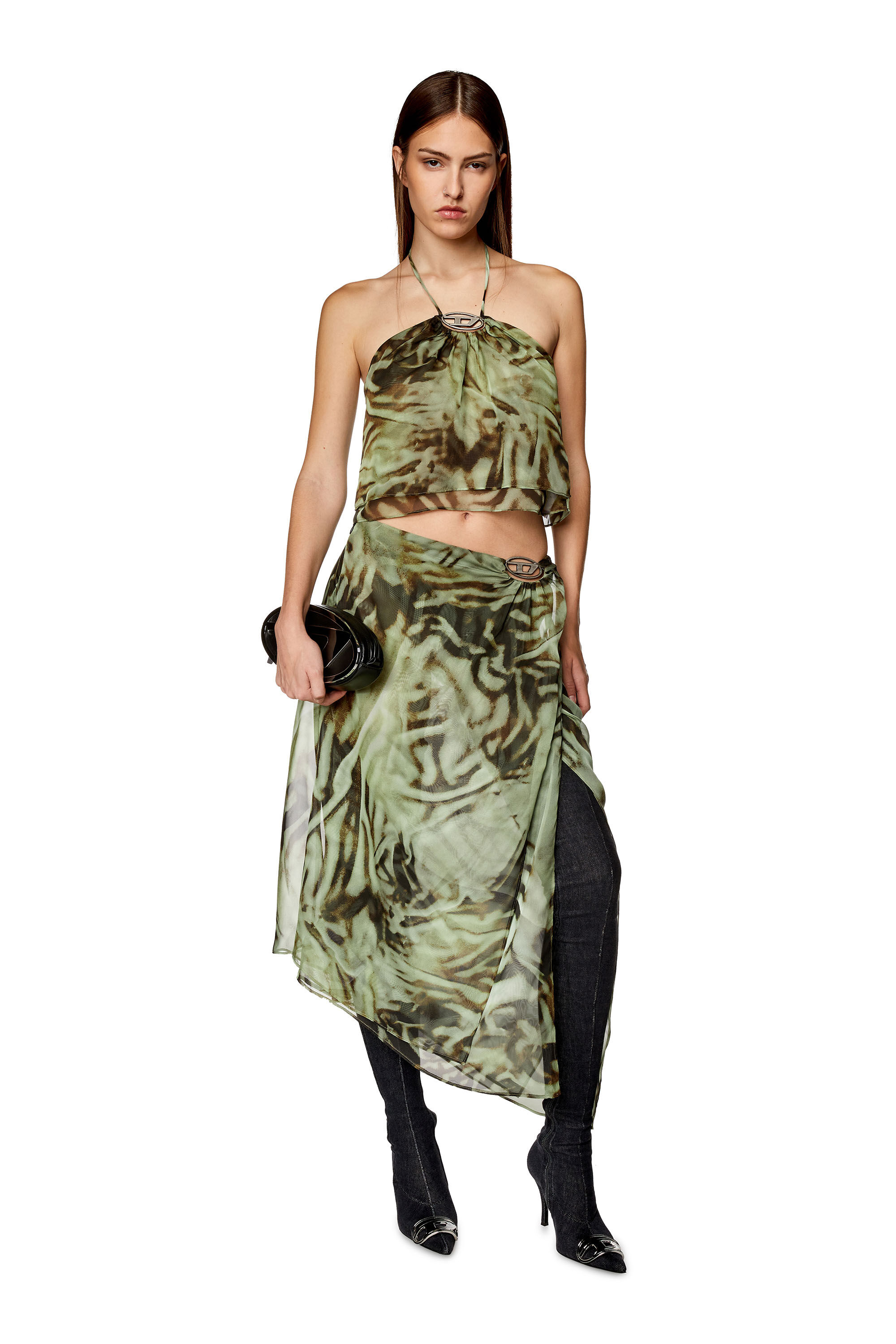Diesel - O-STENT, Woman Asymmetric midi skirt in camo chiffon in Green - Image 1