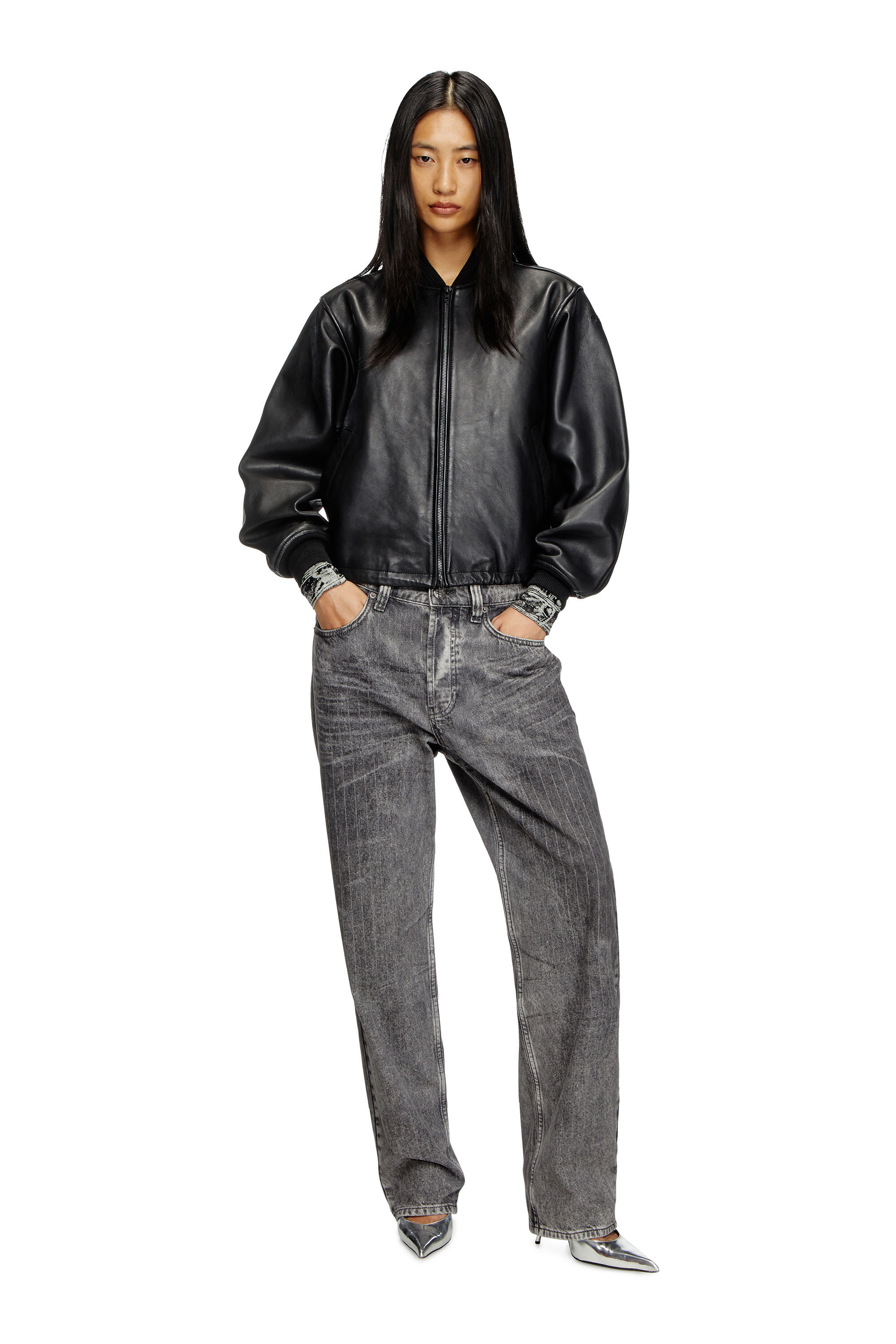 Diesel - L-ILYAN, Woman's Leather bomber jacket in Black - 1