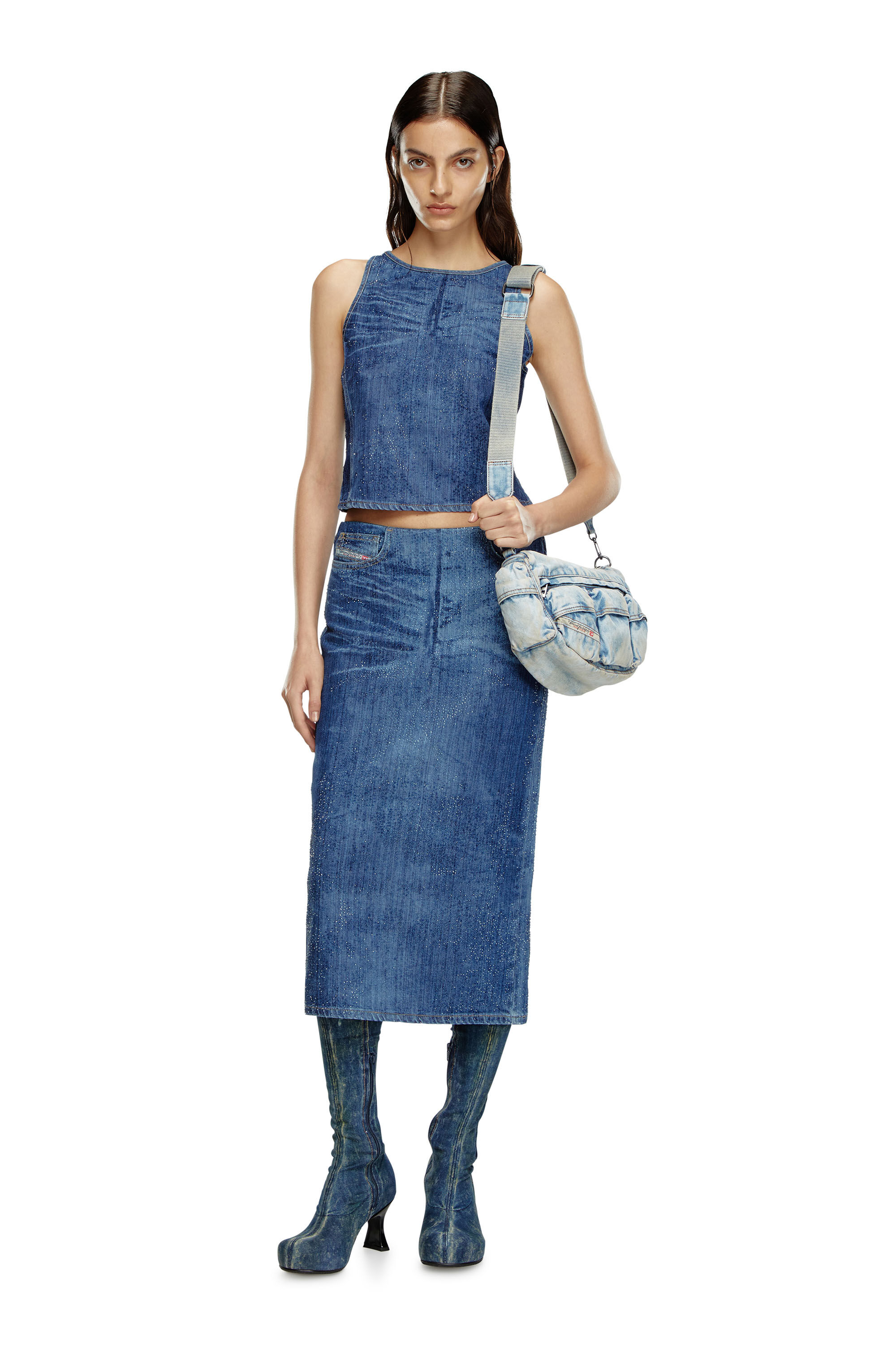 Diesel - DE-PLAQUE-S, Woman's Racerback top in rhinestone denim in Medium blue - 1