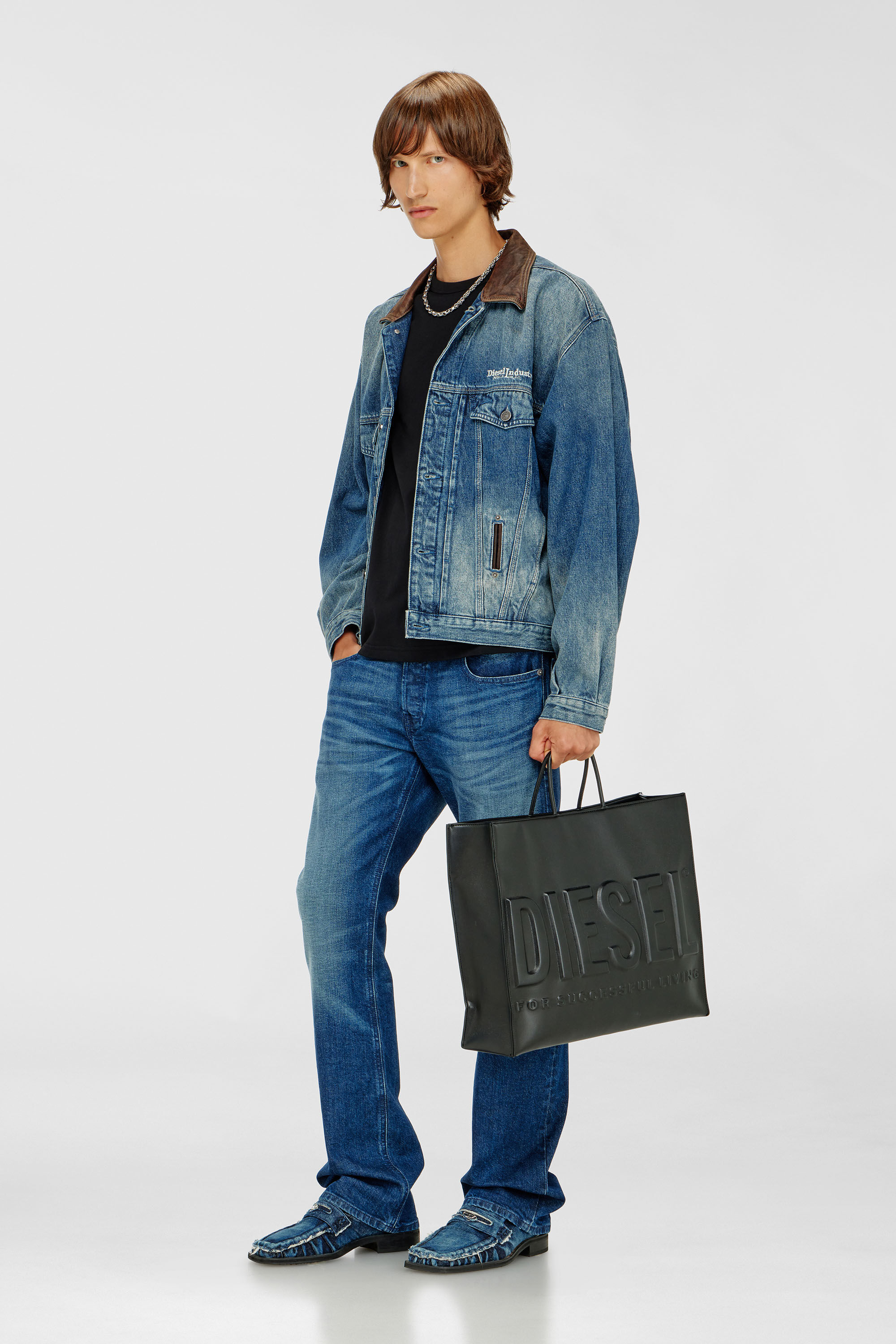 Diesel - D-DENVER-S1, Unisex's Denim trucker jacket with contrast leather trims in Blue - 1