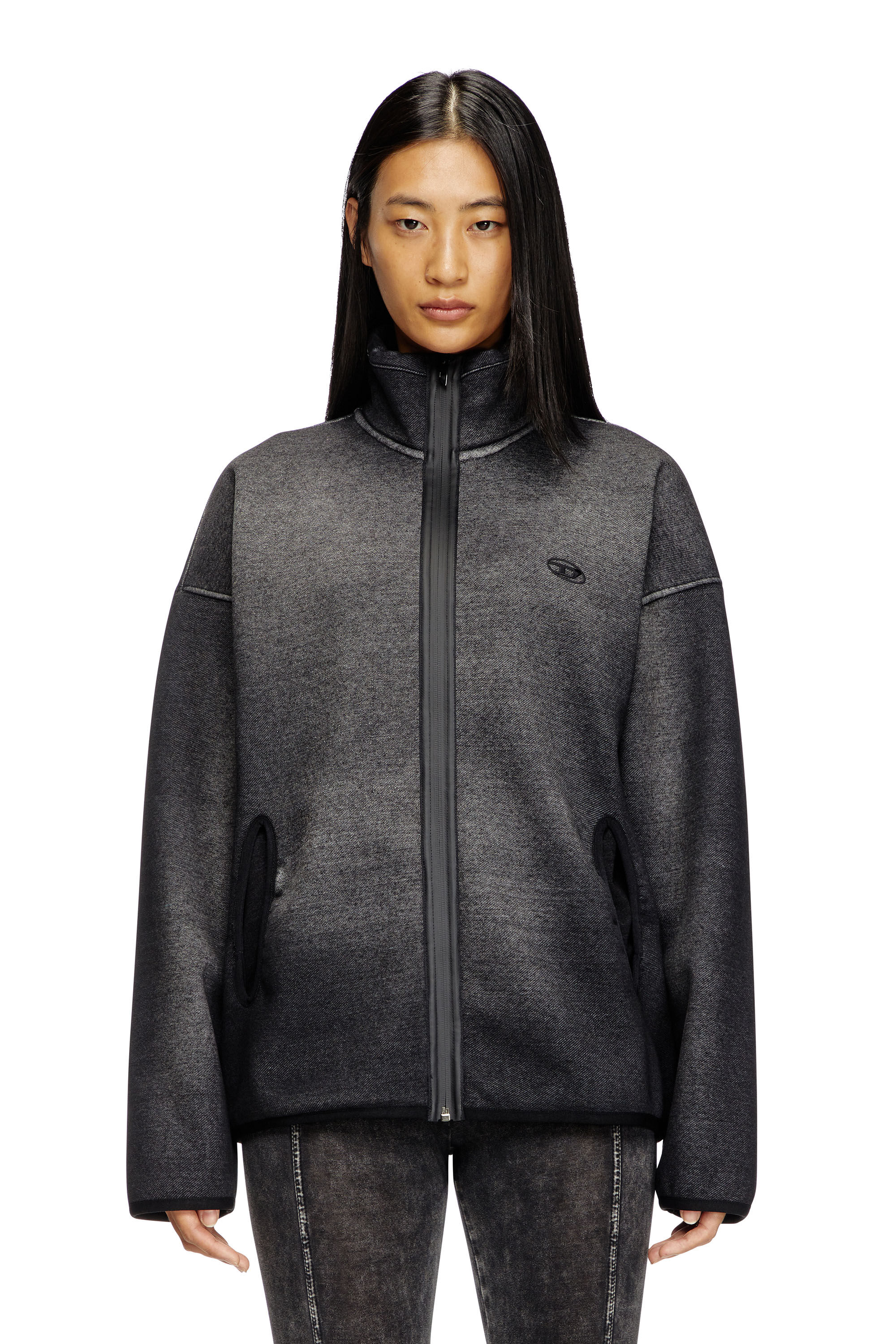 Diesel - S-BATY, Unisex's Zip-up sweatshirt in denim-effect jacquard in Black - 6