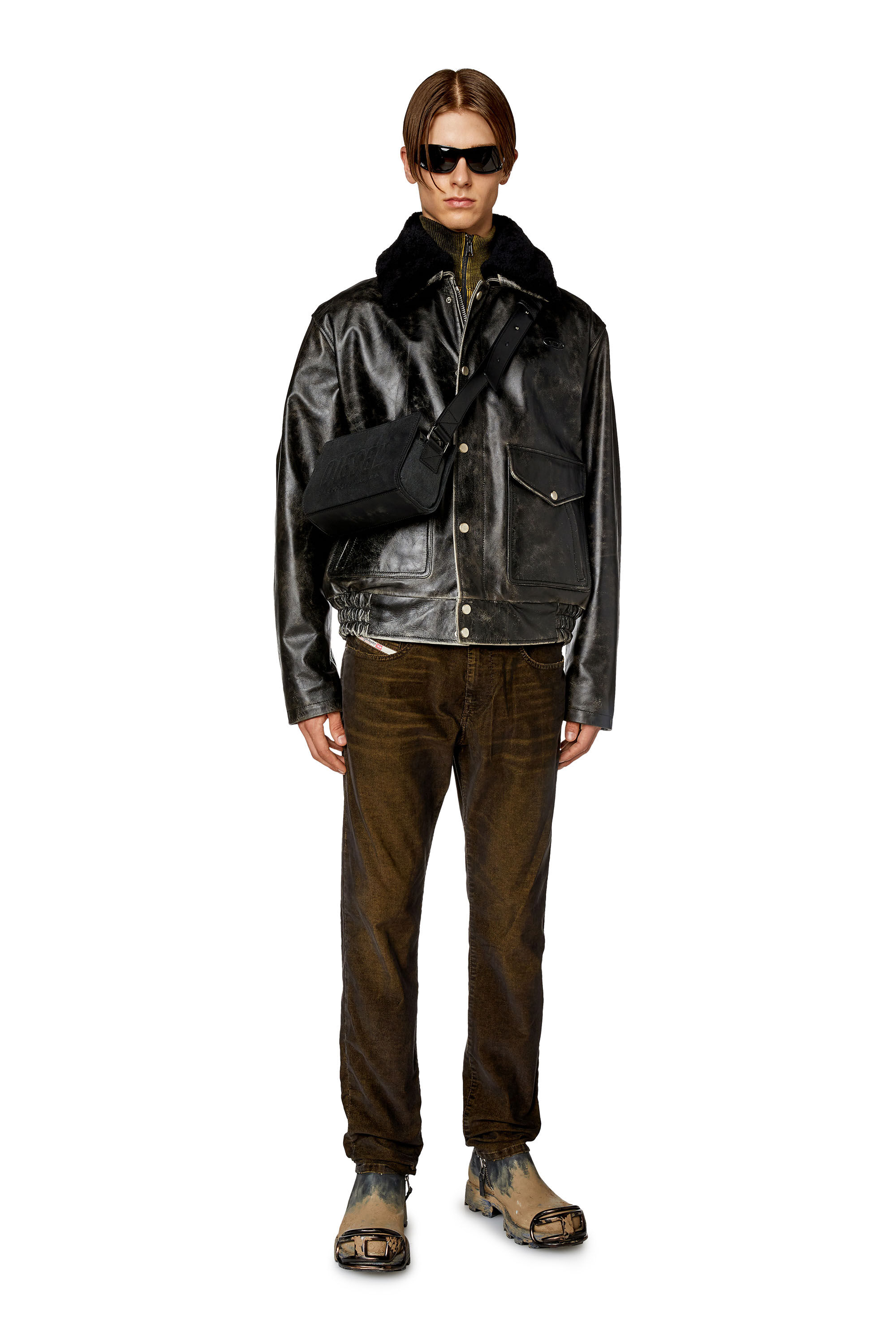 Men's Treated leather jacket with fleece collar | L-MUDS-FUR Diesel