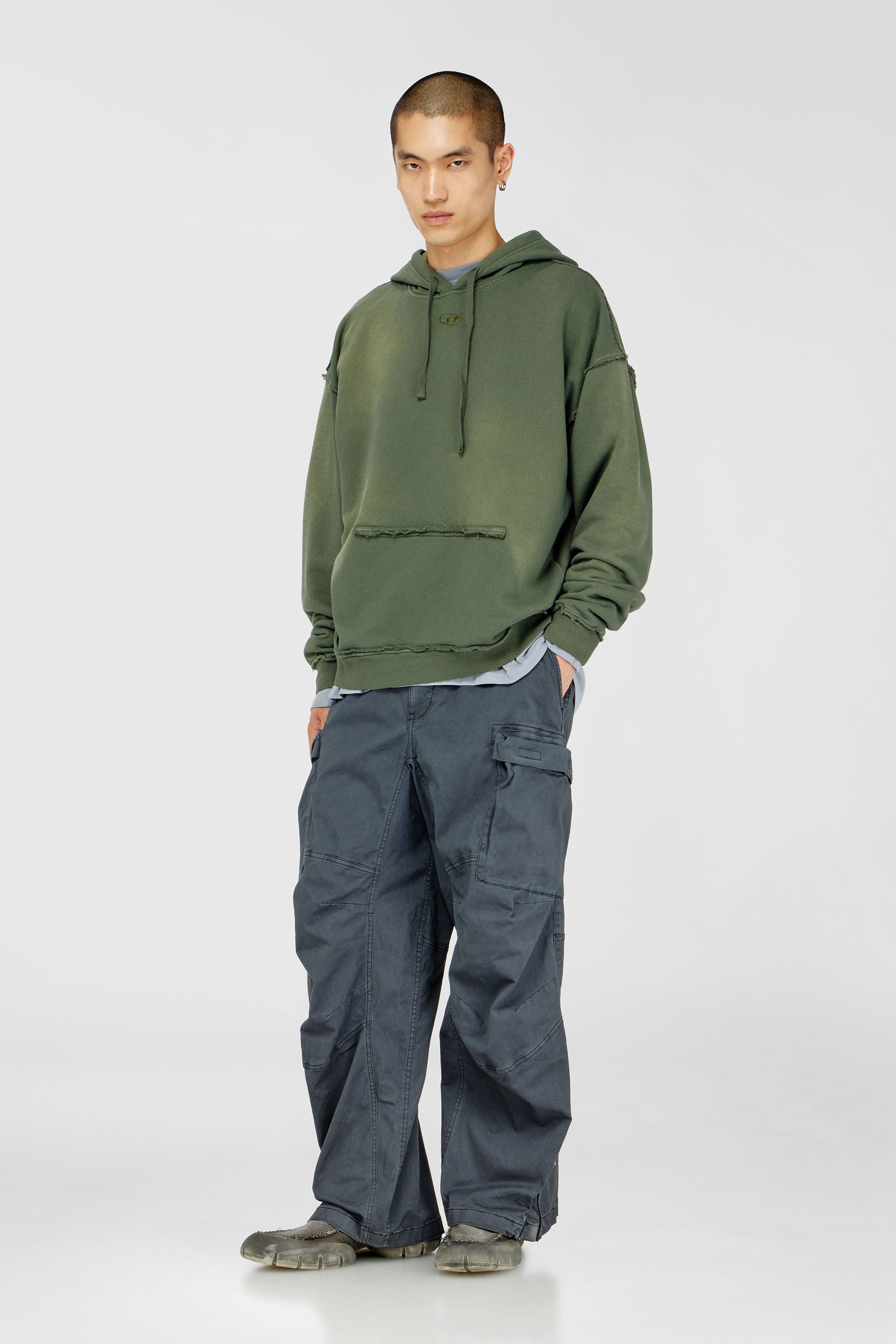 Diesel - S-POCK-HOOD, Man's Faded cotton hoodie with frayed details in Military Green - 1