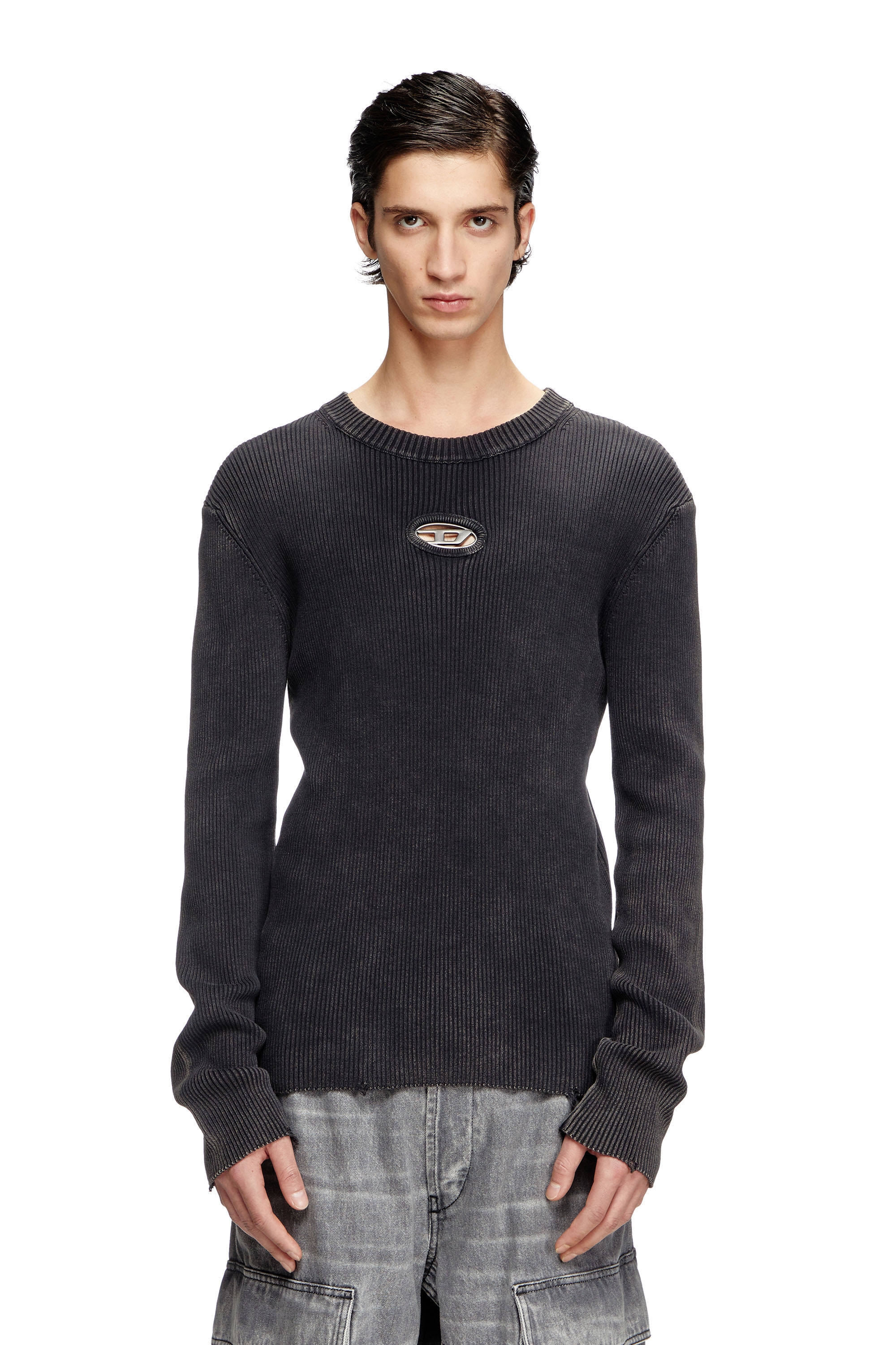 Diesel - K-DARIN-D, Man's Distressed jumper with cut-out logo in Black - 3