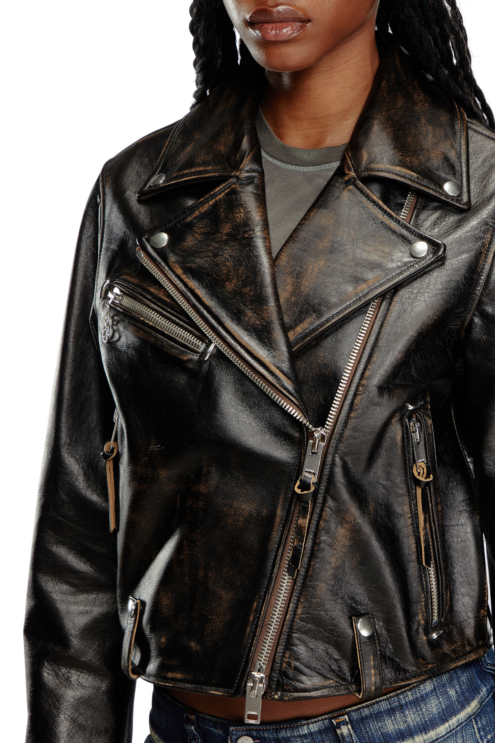 Women s Biker jacket in treated leather Diesel L EDMEA CL