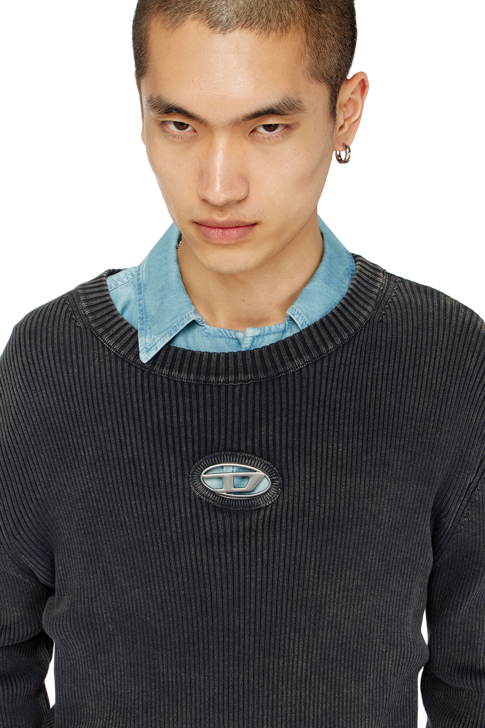 Diesel - K-DARIN-D, Man's Distressed jumper with cut-out logo in Black - 5