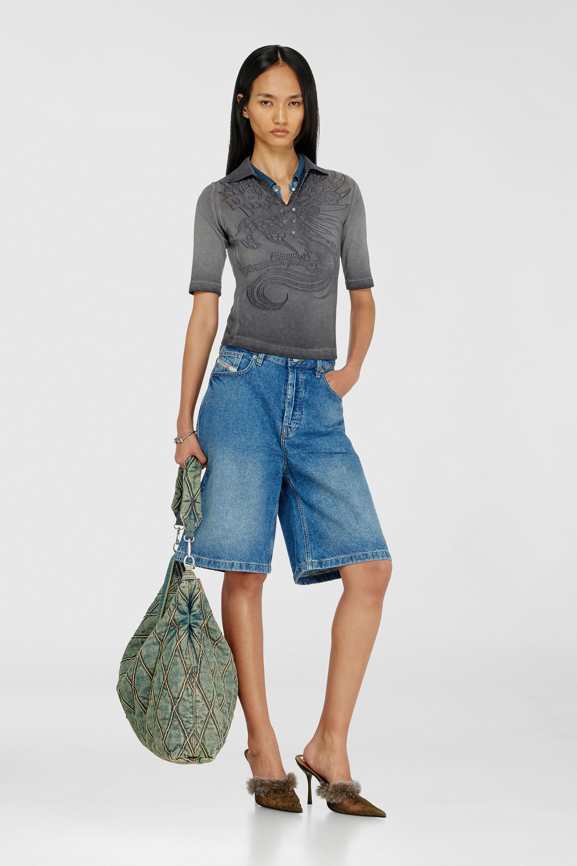 Diesel - T-BEA, Woman's Slim polo with d&eacute;vor&eacute; print in Grey - 1