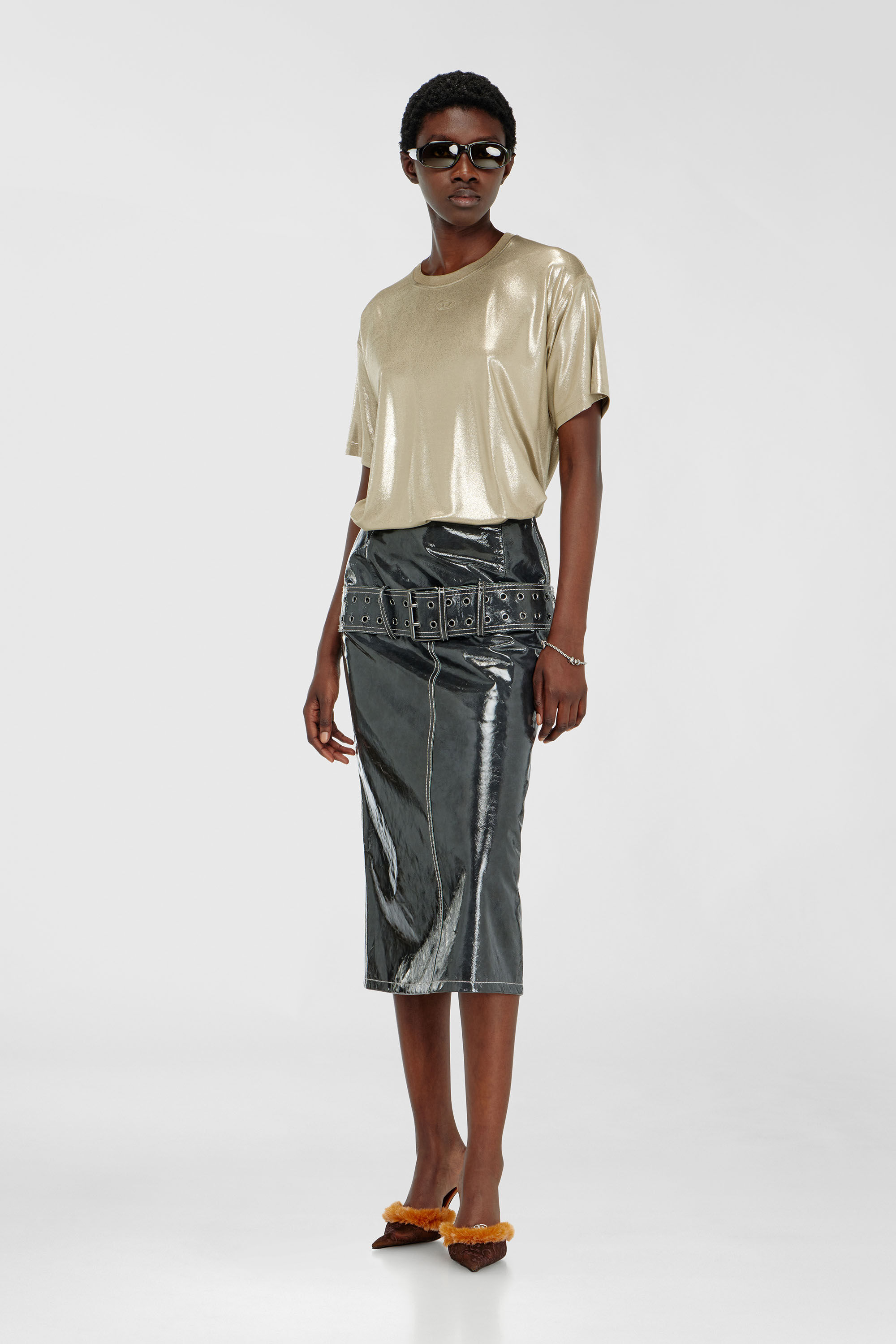 Diesel - T-NORMY-AA2, Woman's Jersey T-shirt with metallic finish in Gold - 1