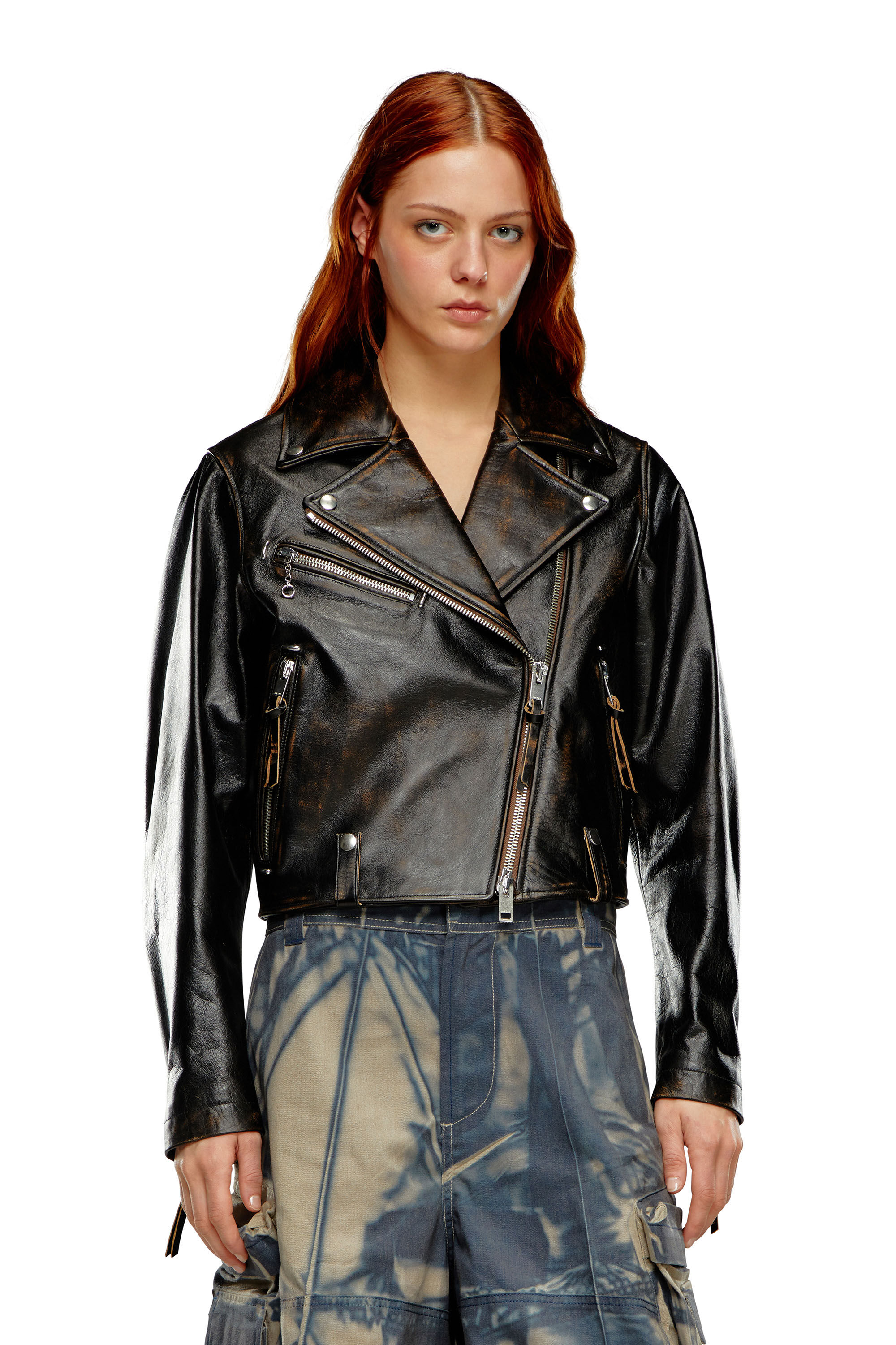 Women s Biker jacket in treated leather Diesel L EDMEA CL