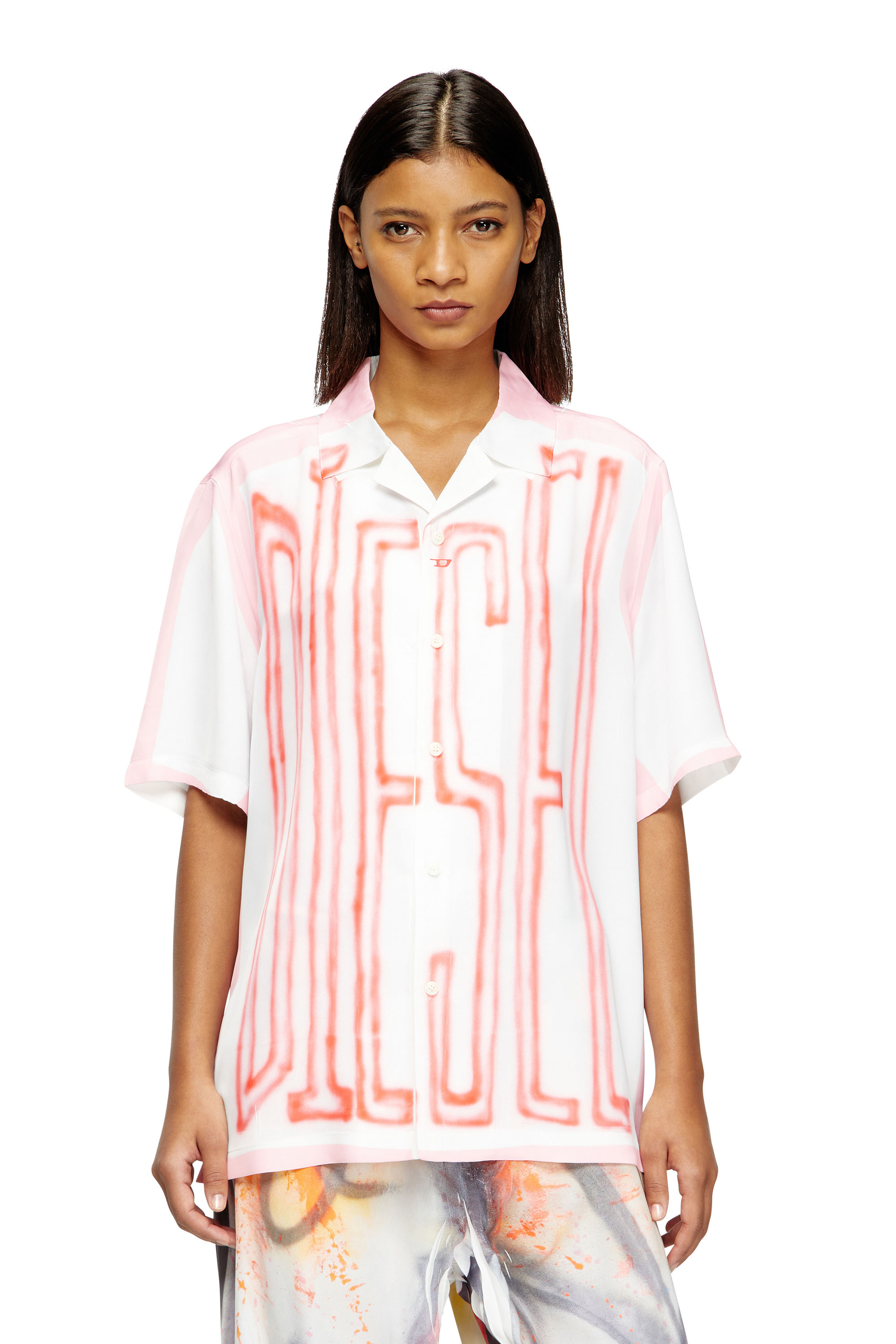 Diesel - C-PAROSHORT-GRAFFITI-FRA, Unisex's Satin bowling shirt with graffiti logo in Pink/White - 5