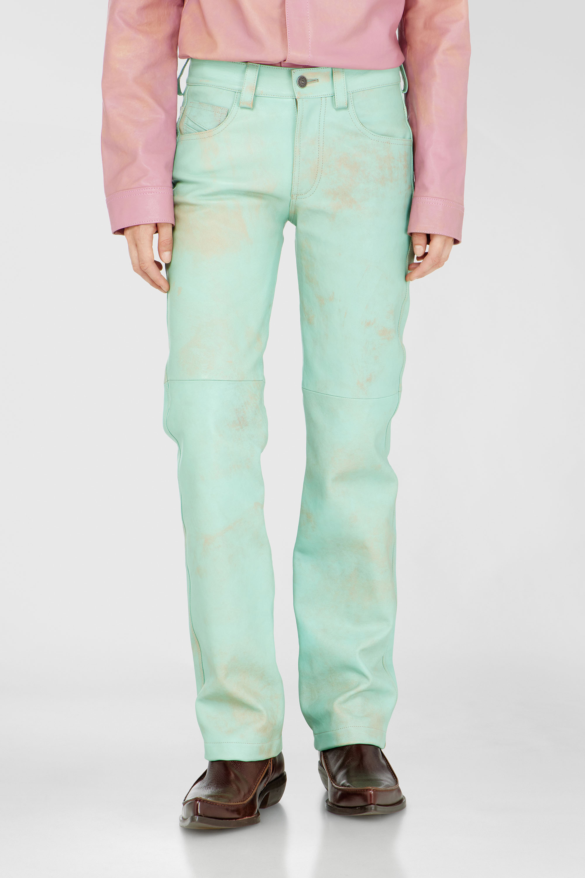 Diesel - L-POCKA, Woman's Pants in treated leather in Water Green - 1