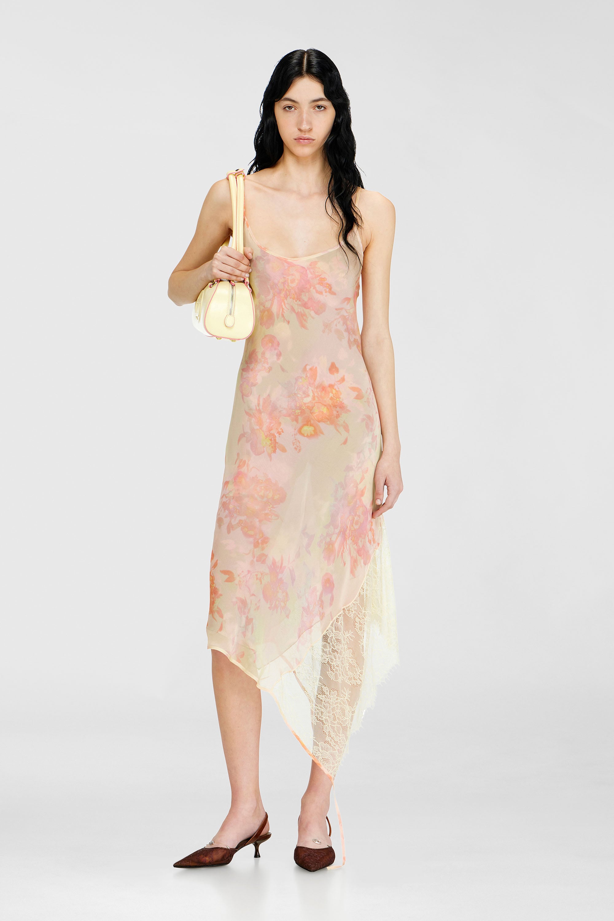 Diesel - D-ANCEL, Woman's Midi slip dress with floral print and lace trim in Pink/Yellow - 2