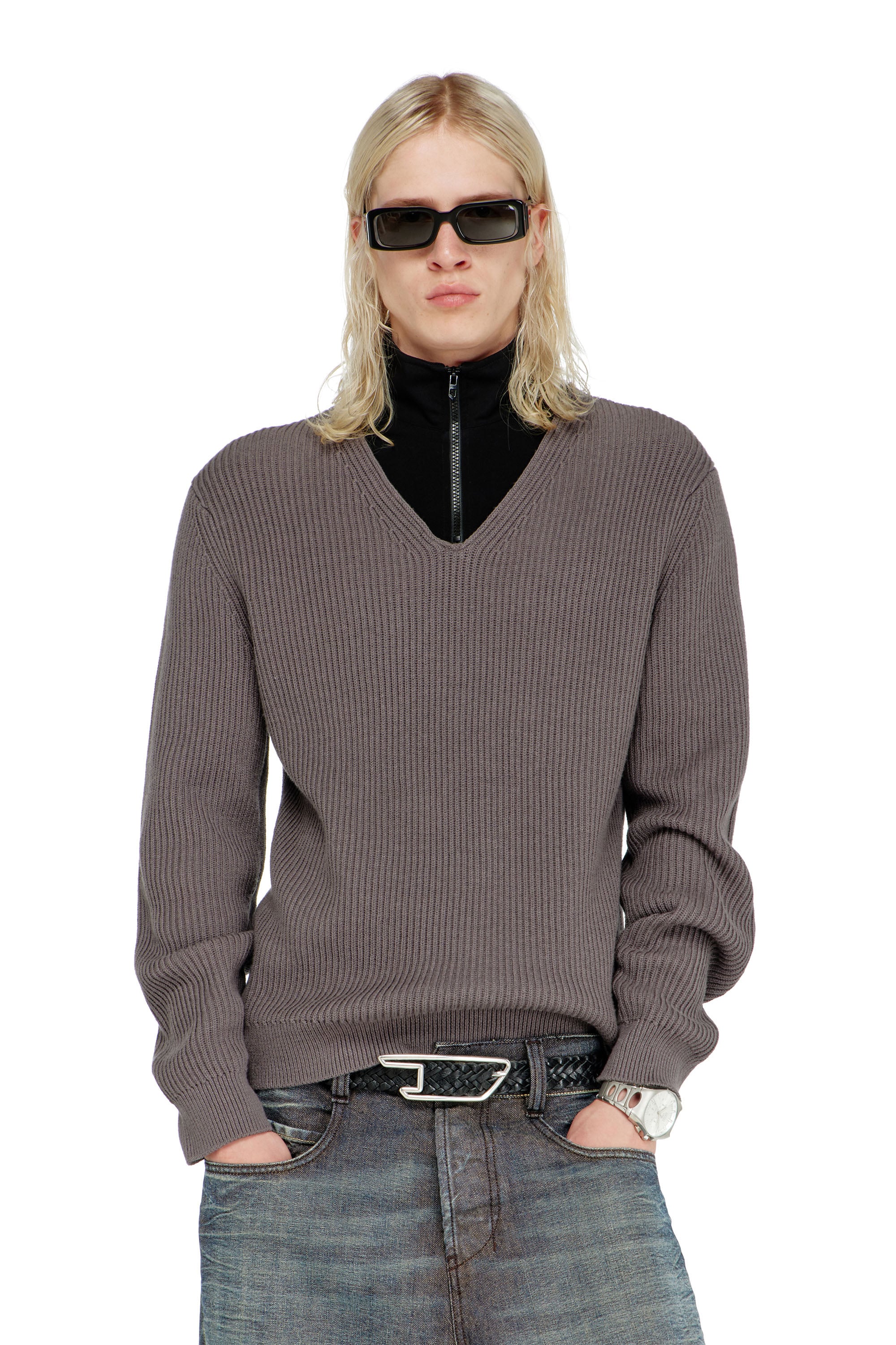 Diesel - K-MAMU, Man's Half-zip sweater with layered neckline in Black/Grey - 1