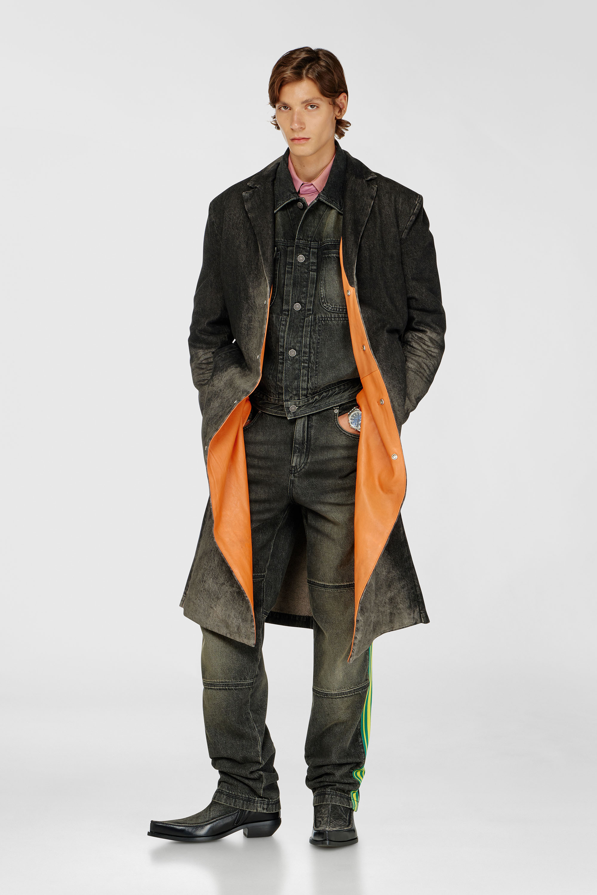 Diesel - D-IANCH-FSJ, Unisex's Long coat in dirty-effect denim in Black - 1