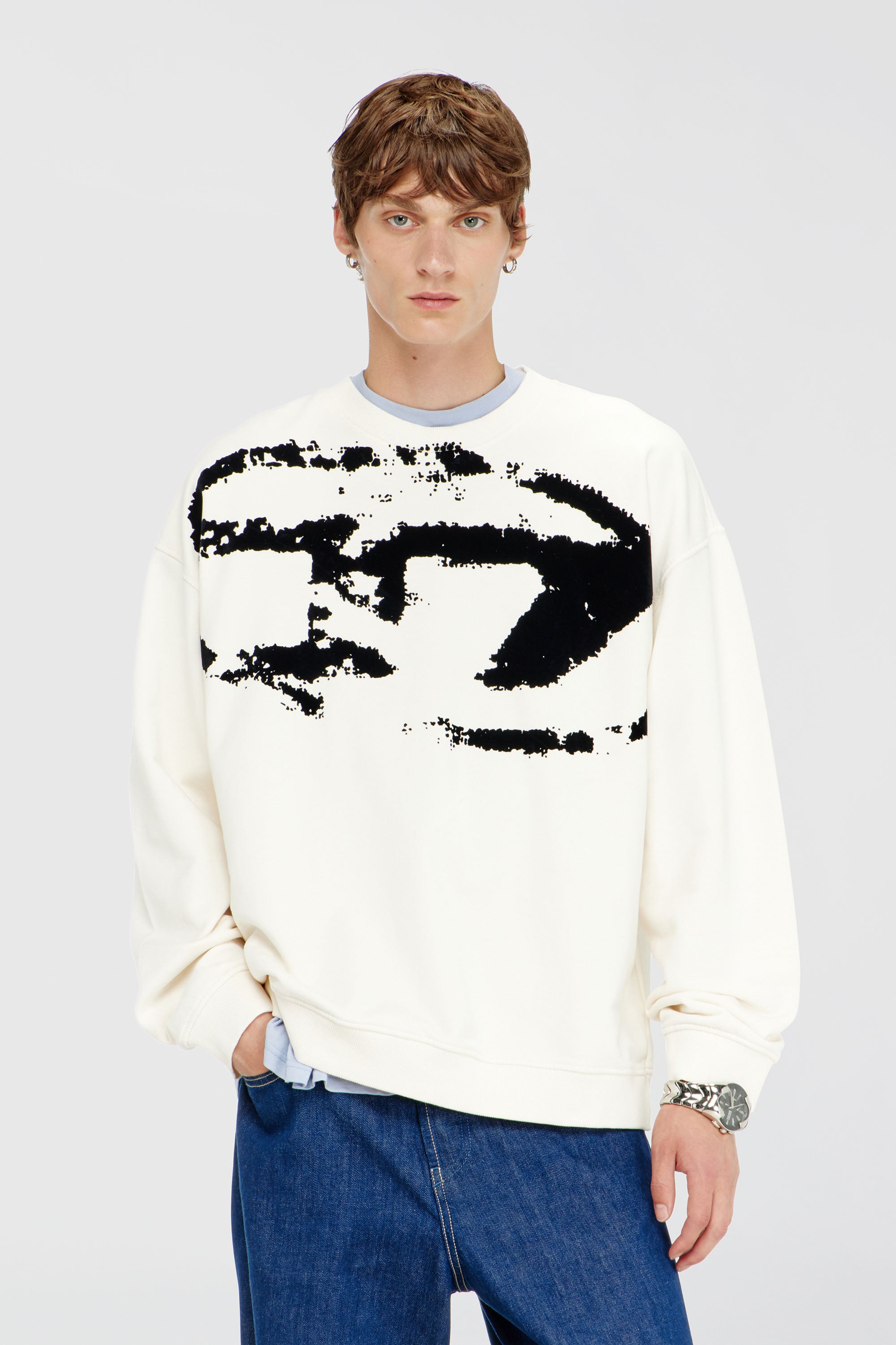 Diesel - S-BOXT-N5, Man's Cotton sweatshirt with flocked Oval D in Black/White - 3