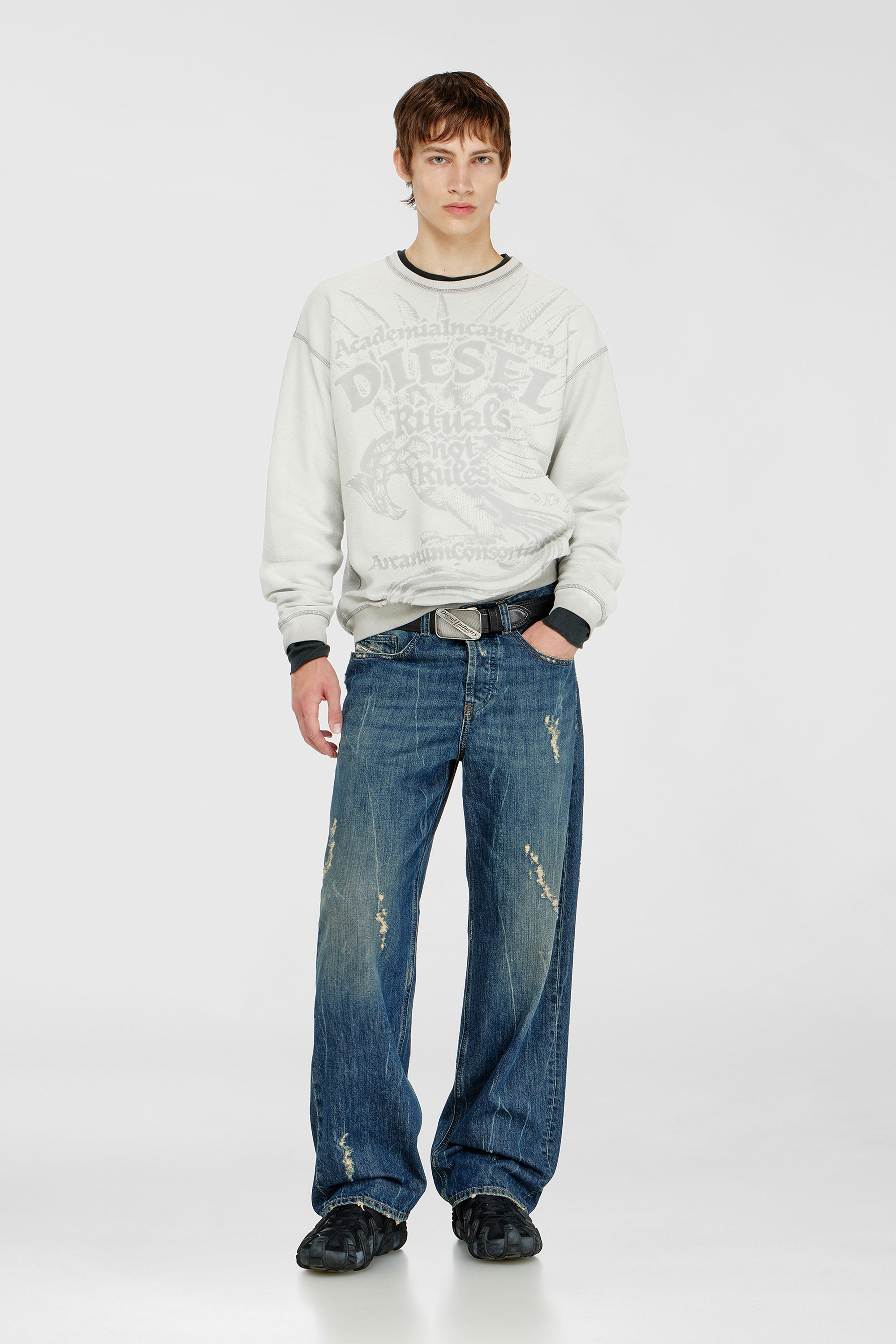 Diesel - S-ARON-RAW, Man's Sweatshirt with d&eacute;vor&eacute; print in Light Grey - 1