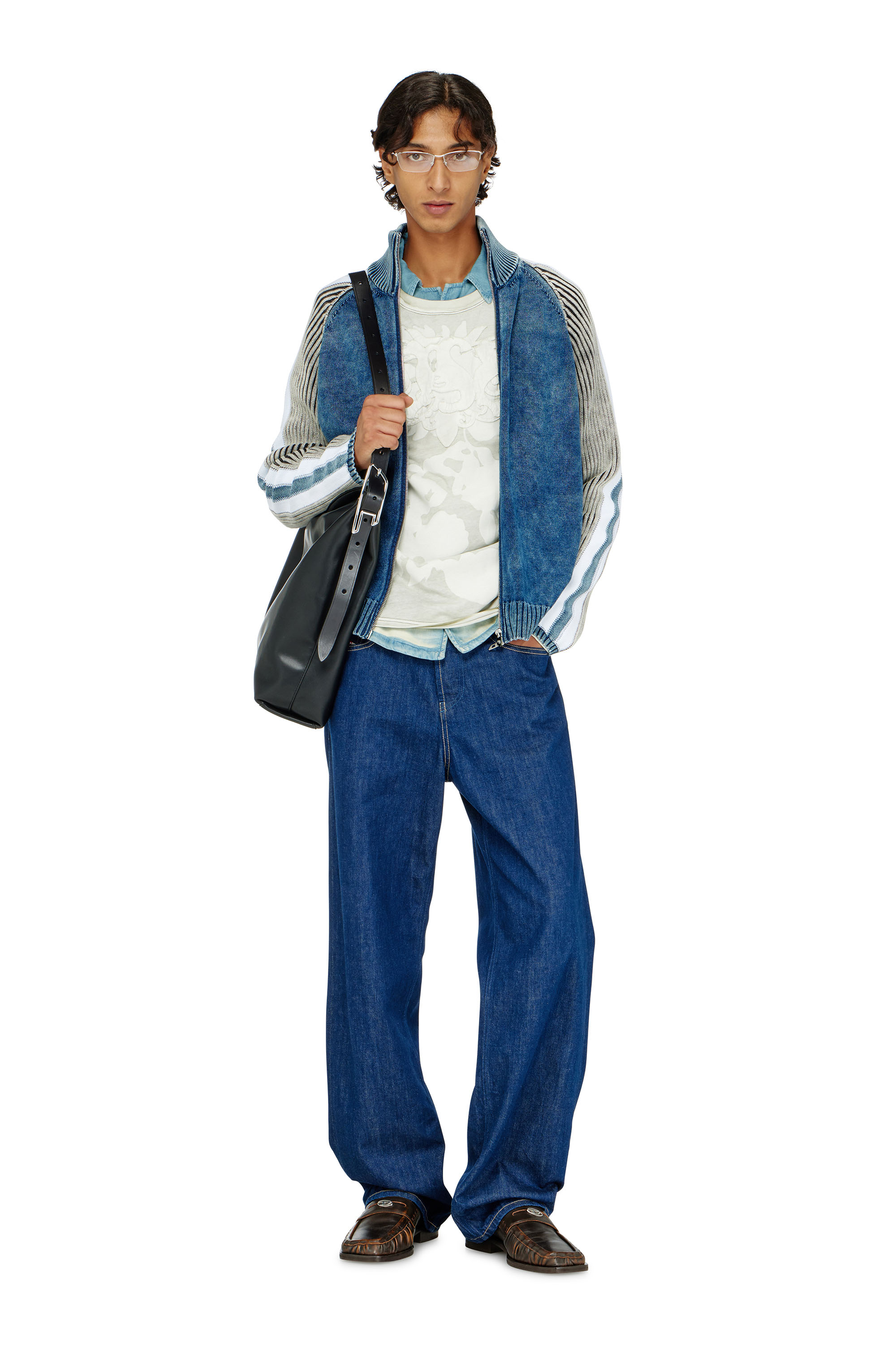 Diesel - K-HERONIMO, Man's Zip-up cardigan with sporty bands in Blue/Grey - 1