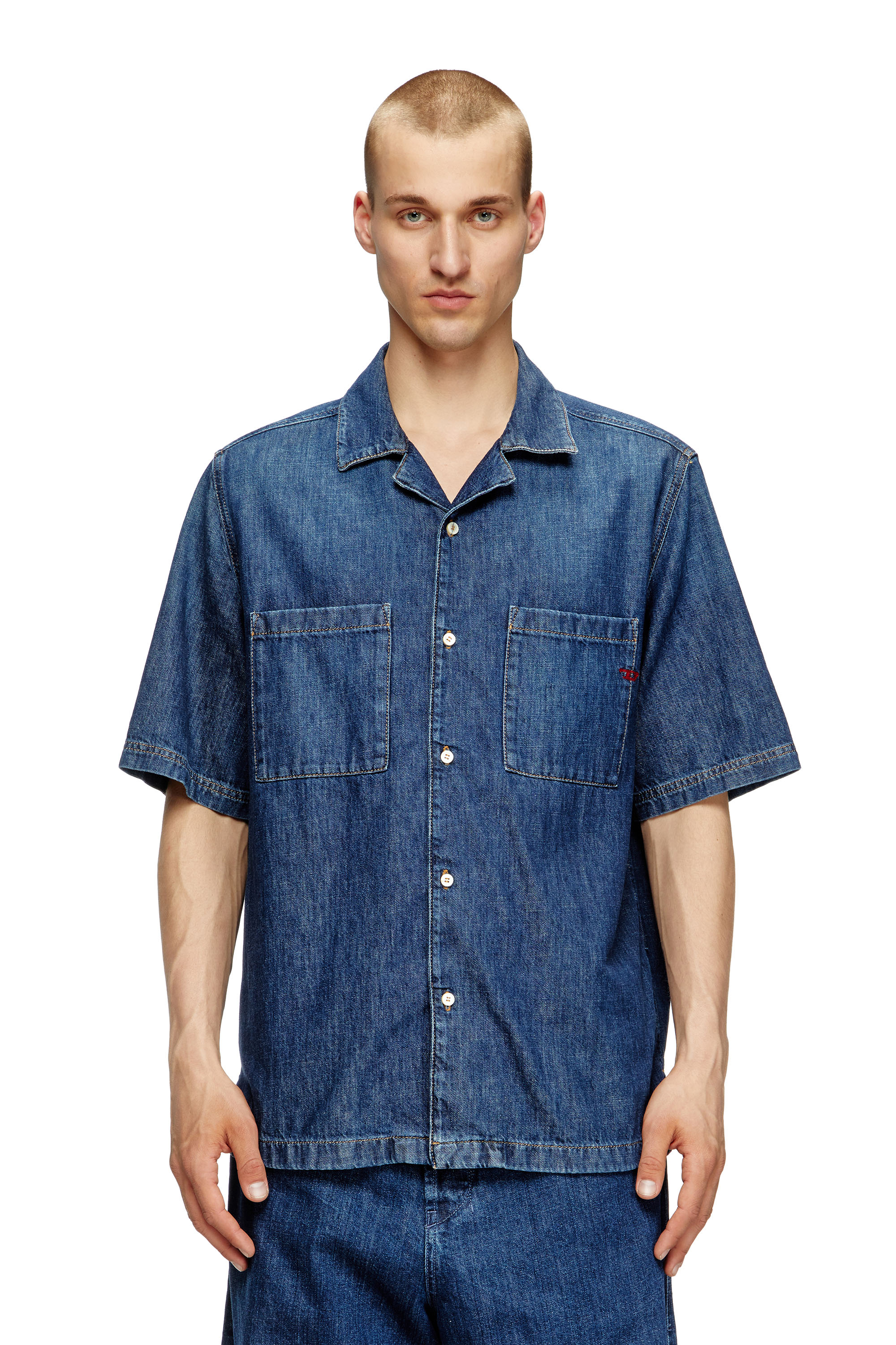 Diesel - D-PAROSHORT, Man's Bowling shirt in denim in Dark Blue - 3