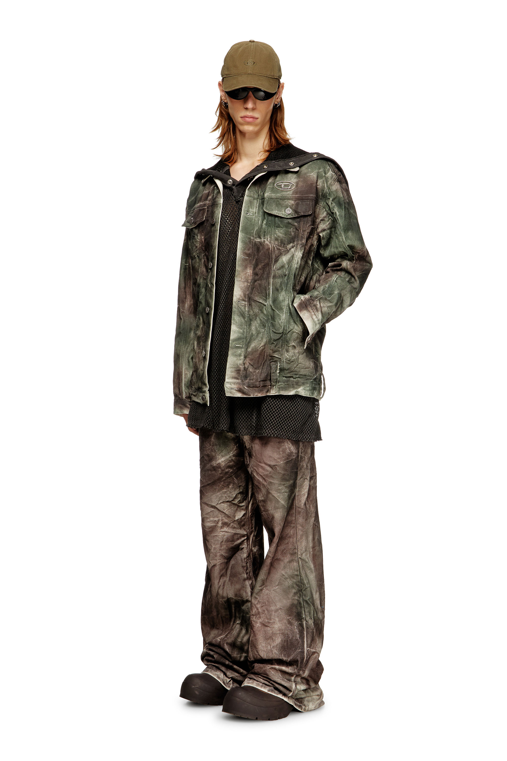 Diesel - J-THUG-JKT, Unisex's Trucker jacket in crinkled camo canvas in Brown/Green - 2