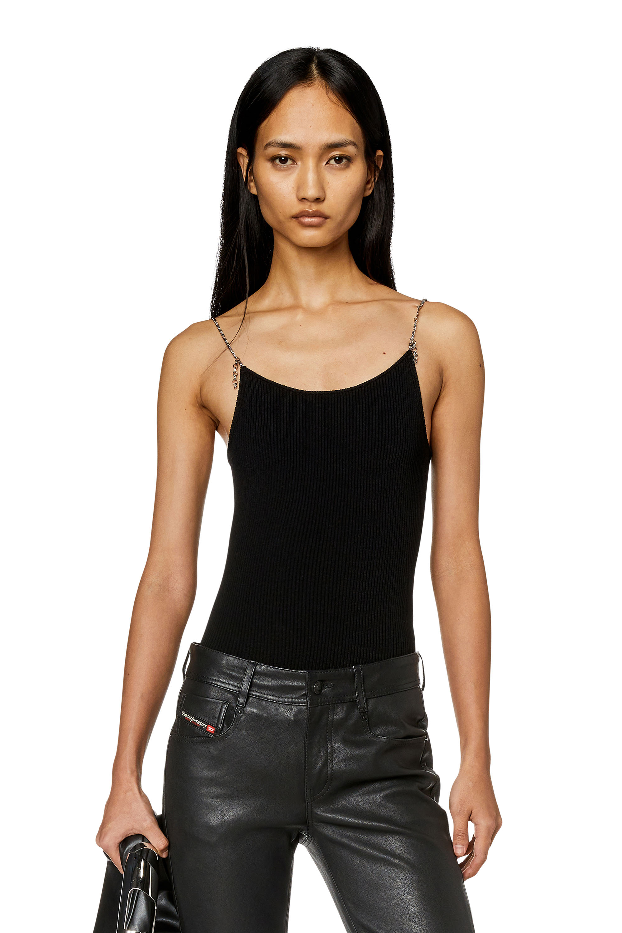Diesel - M-VIRGEE, Woman Stretch-knit camisole with chain straps in Black - Image 1
